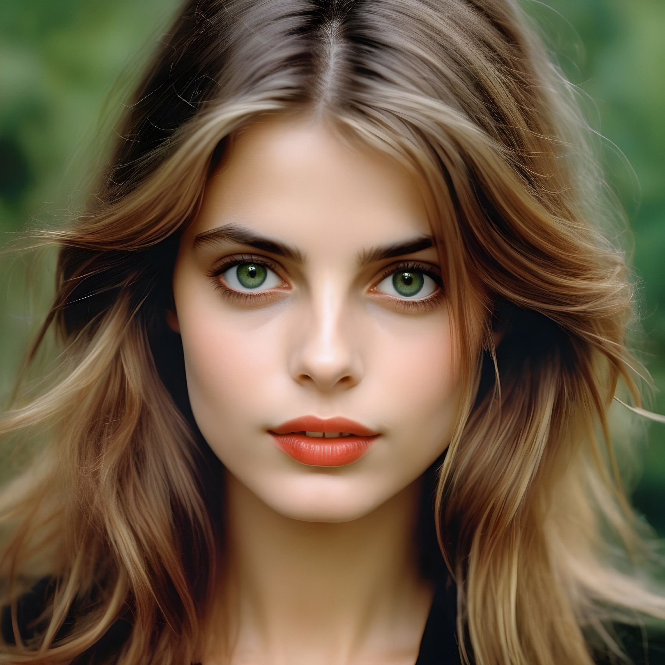 Portrait of a young woman with green eyes and brown hair