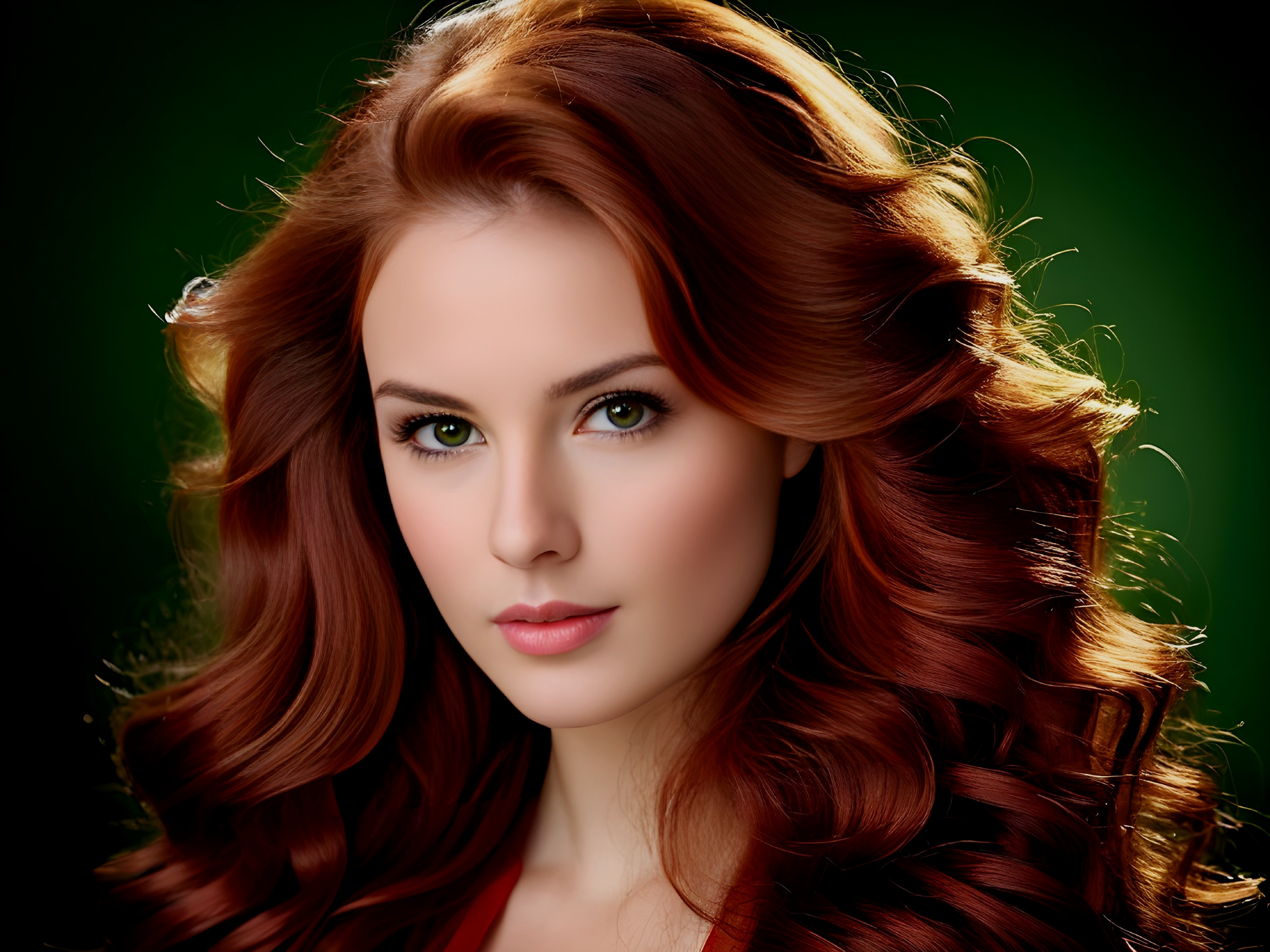 Close-up Portrait of a Woman with Red Curls and Green Eyes
