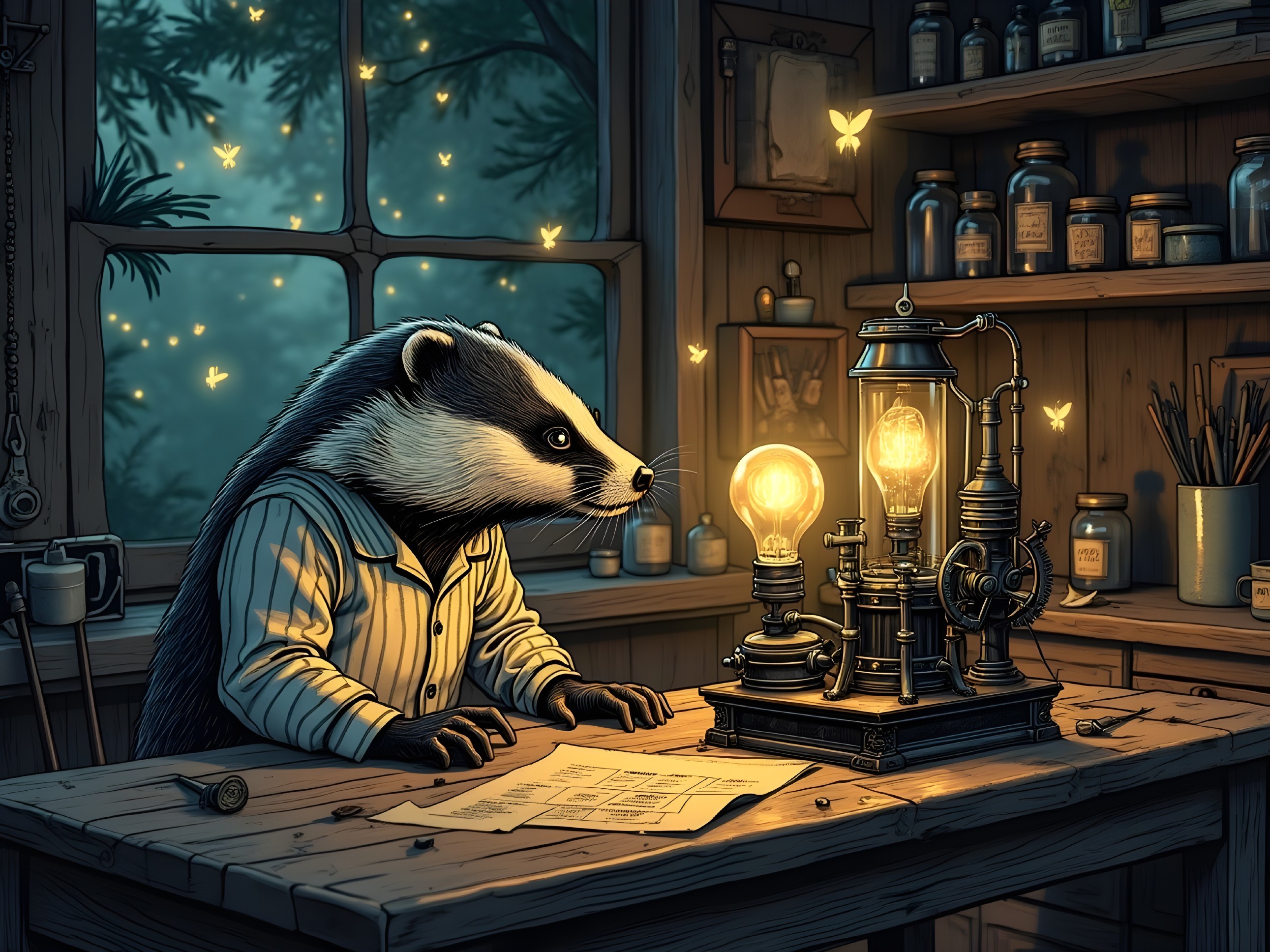 Badger in Pajamas Analyzes Blueprints in Cozy Room