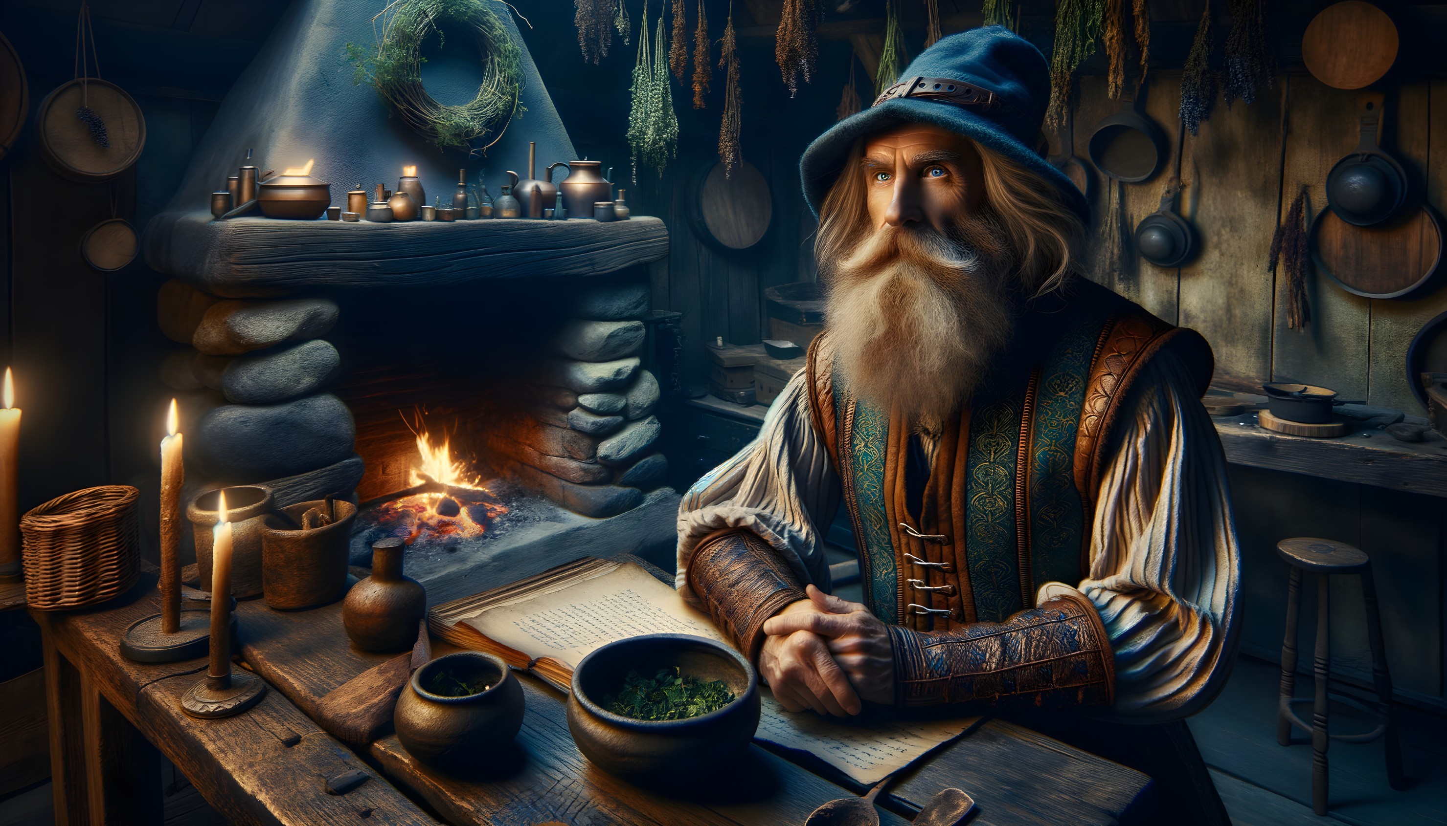 Elderly Man in Rustic Kitchen with Open Book