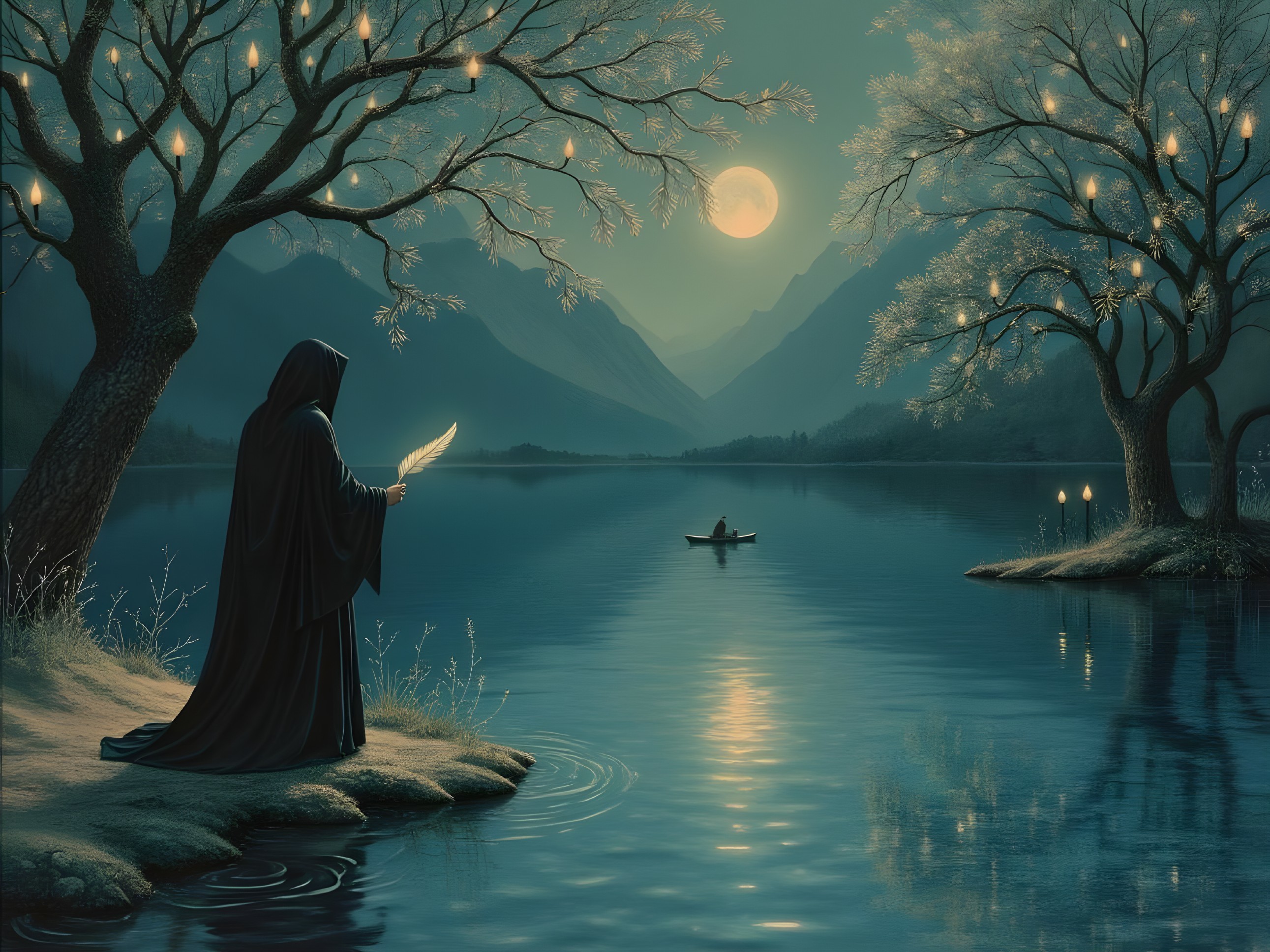 Cloaked Figure by Tranquil Lake in Twilight Scene