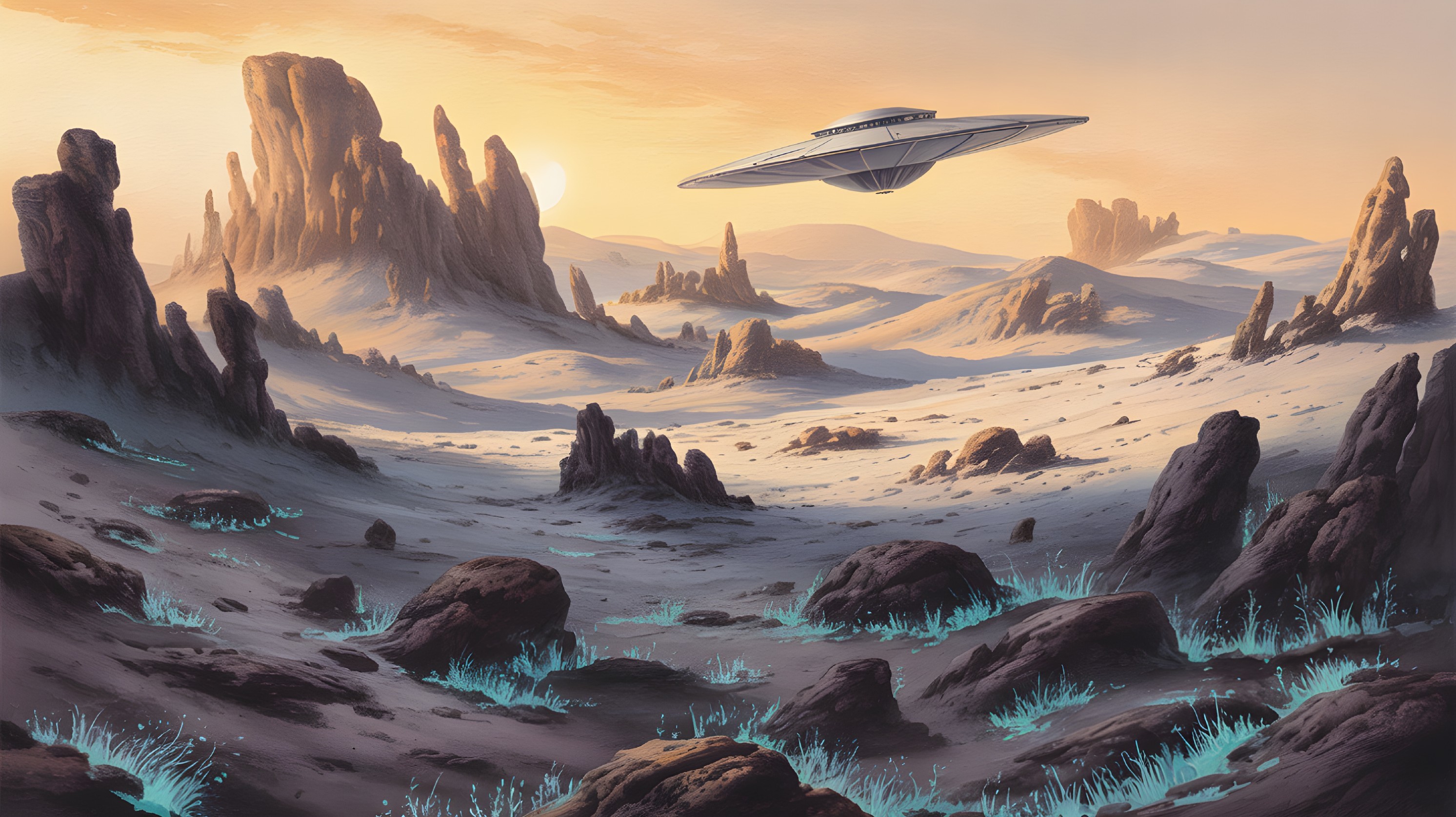 Barren Alien Landscape with Bioluminescent Plants