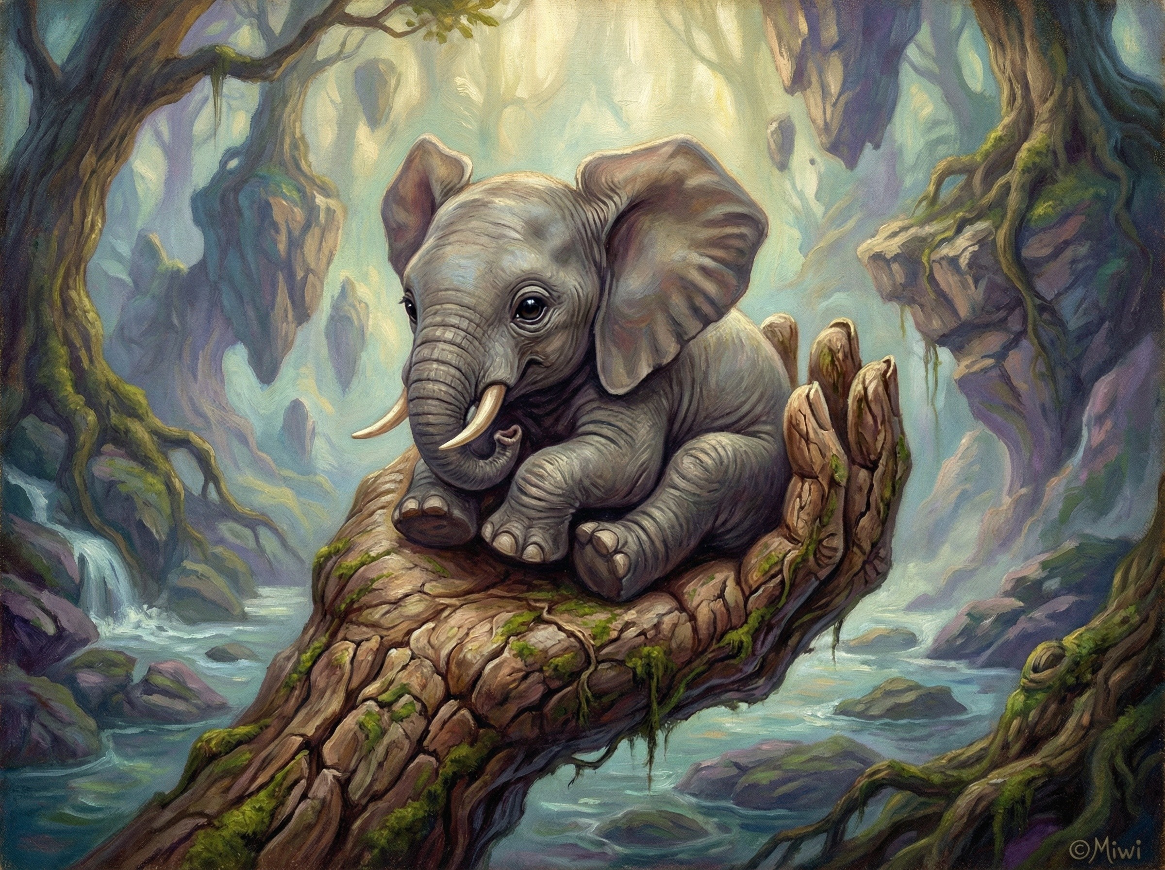 Baby Elephant Nestled in Mossy Tree Root in Forest