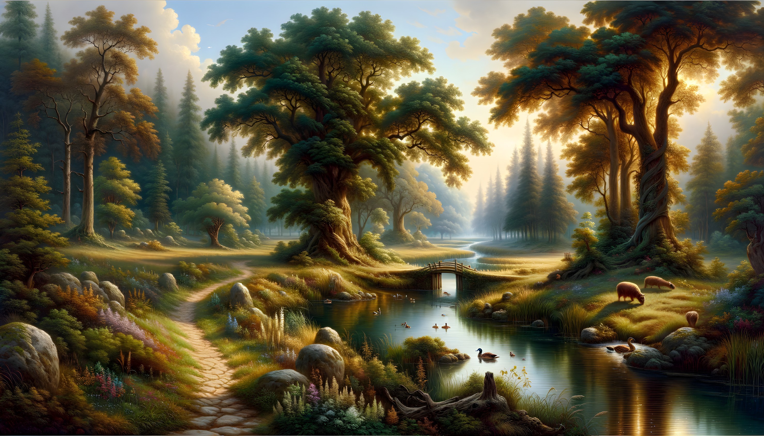 Serene Landscape with Trees, Stream, and Bridge