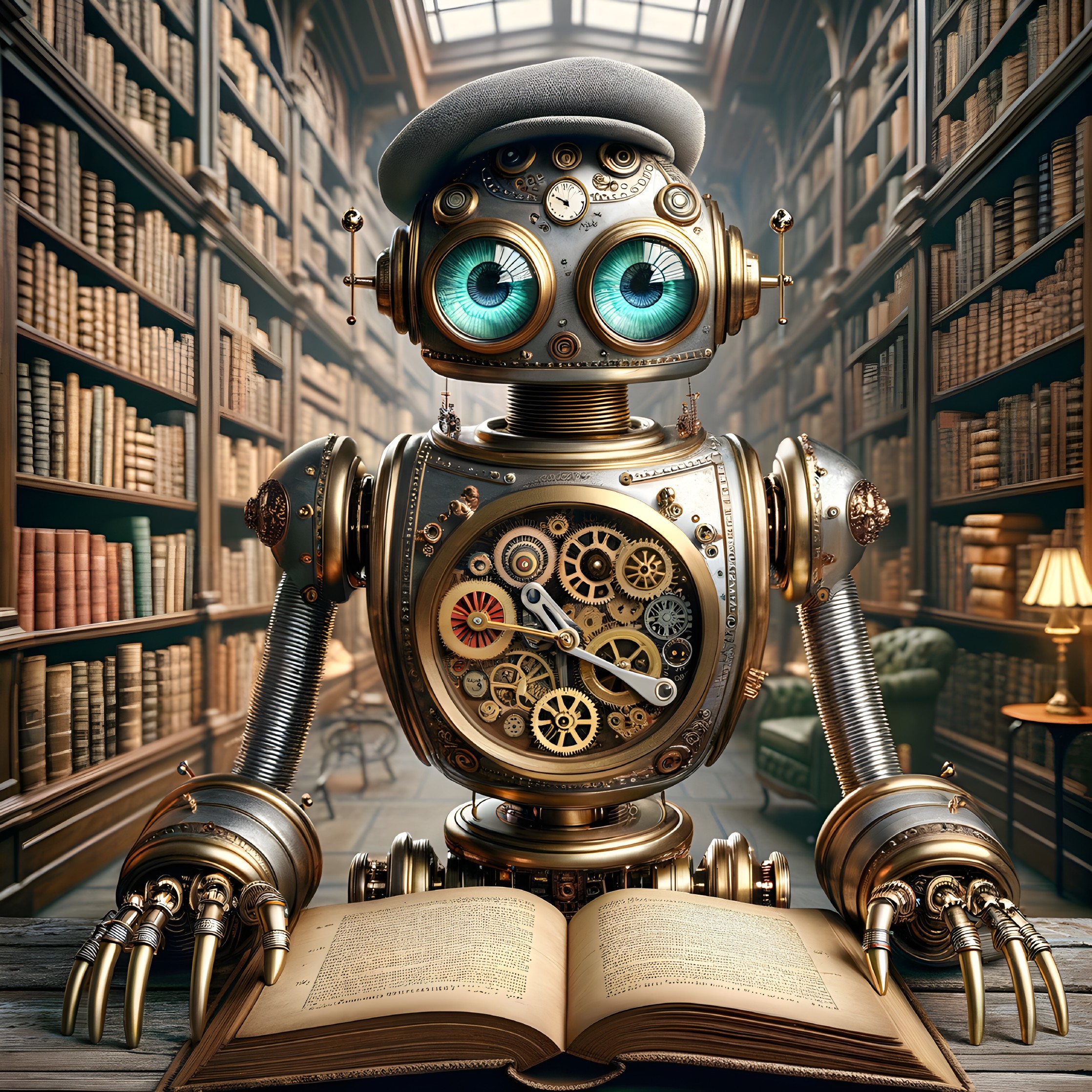 Steampunk Robot in a Cozy Library Setting