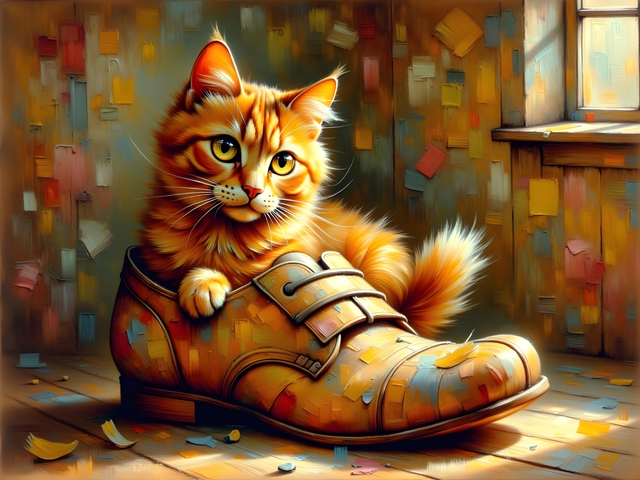 Orange Tabby Cat in Colorful Shoe with Sunlight