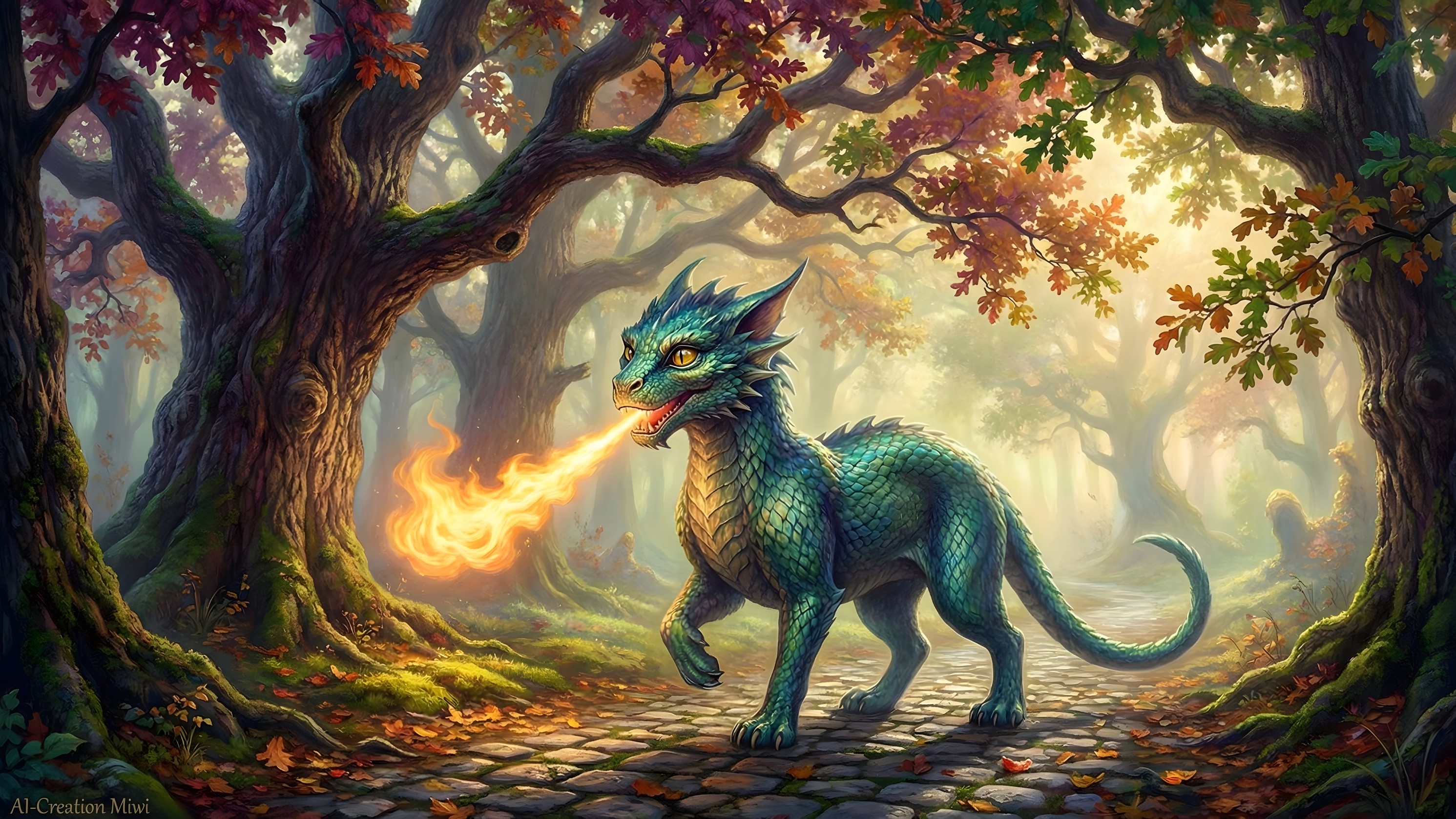 Emerald Green Dragon in Enchanted Forest Scene