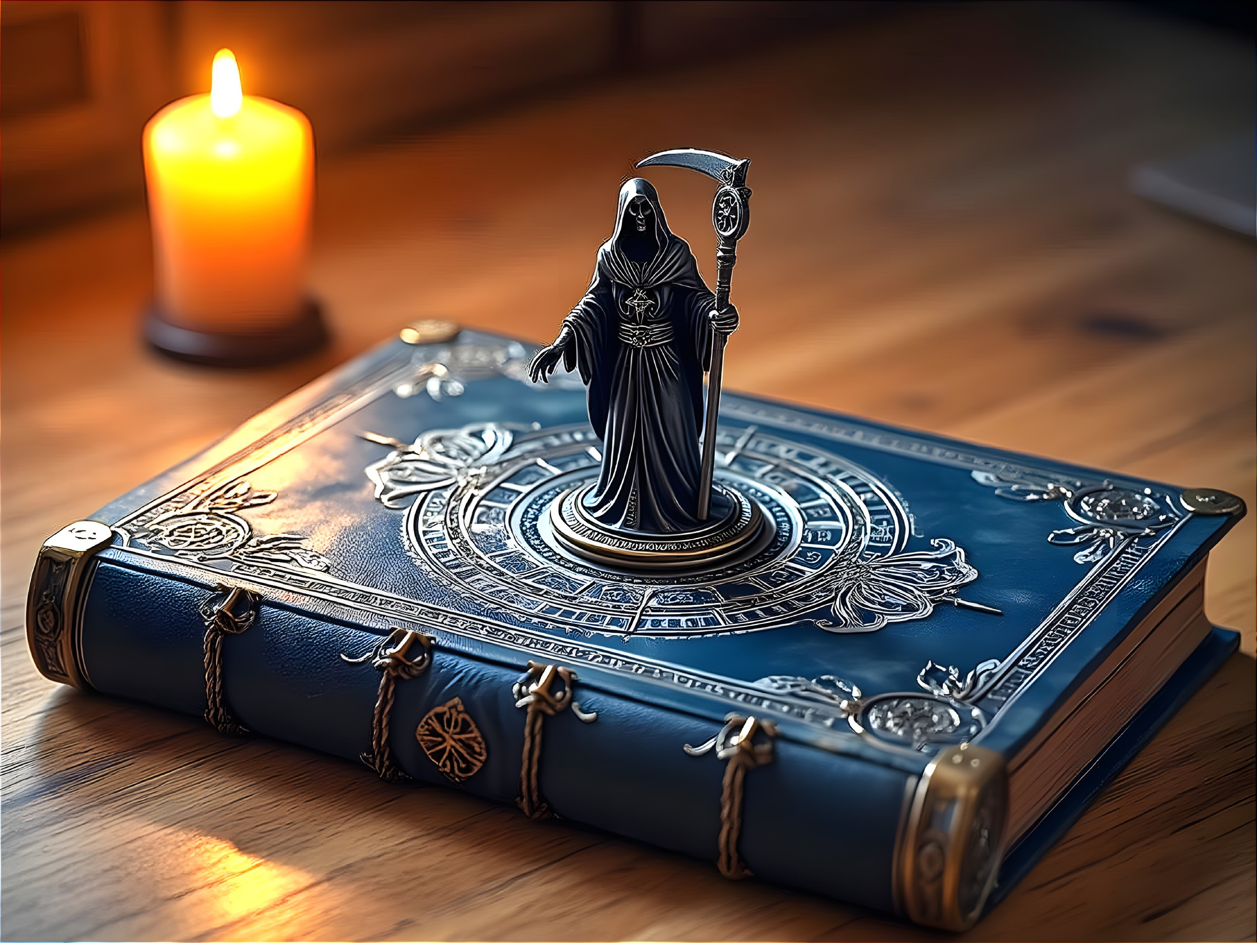 Antique Book with Cloaked Figurine and Candlelight
