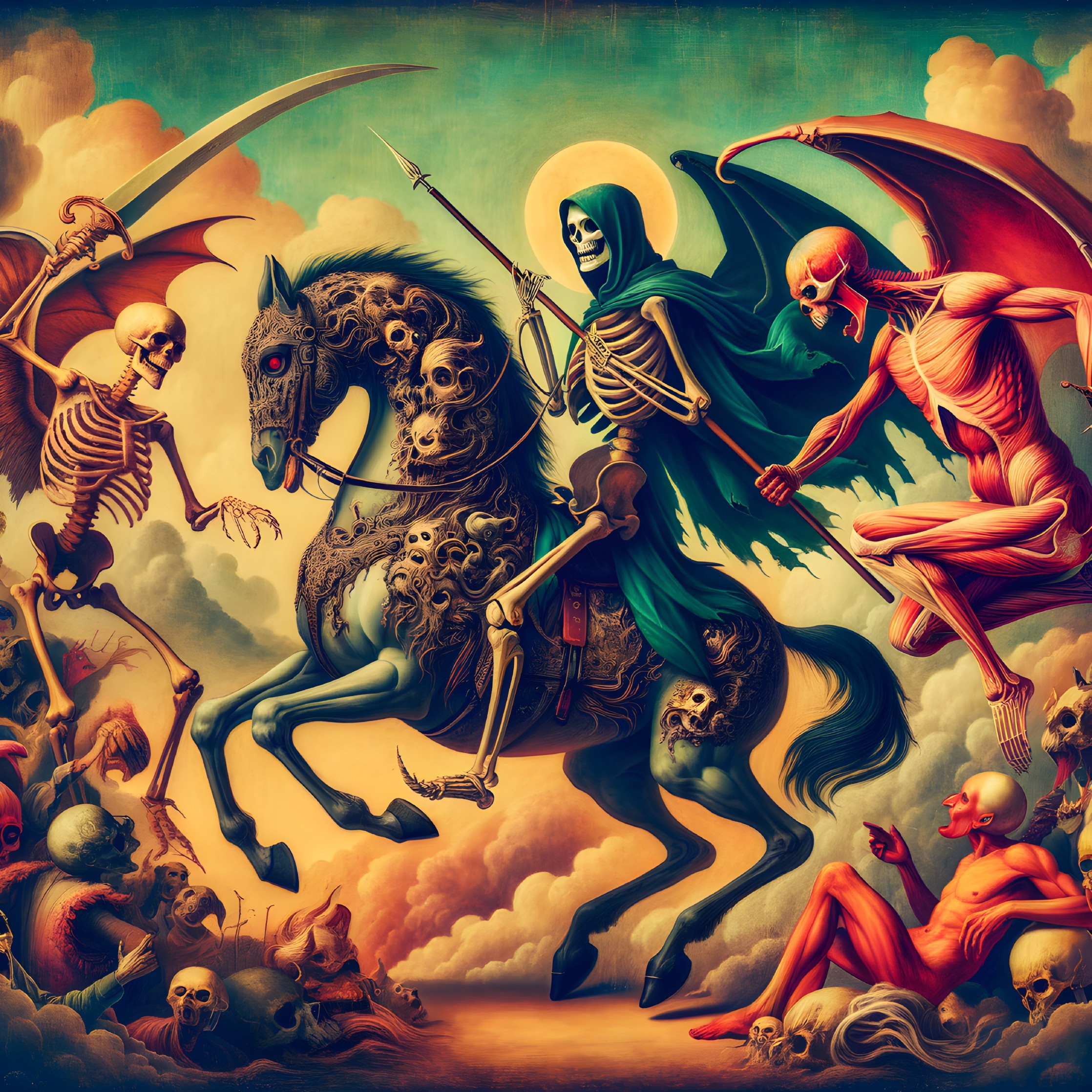 Skeletal Rider in Dark Surreal Scene with Demons