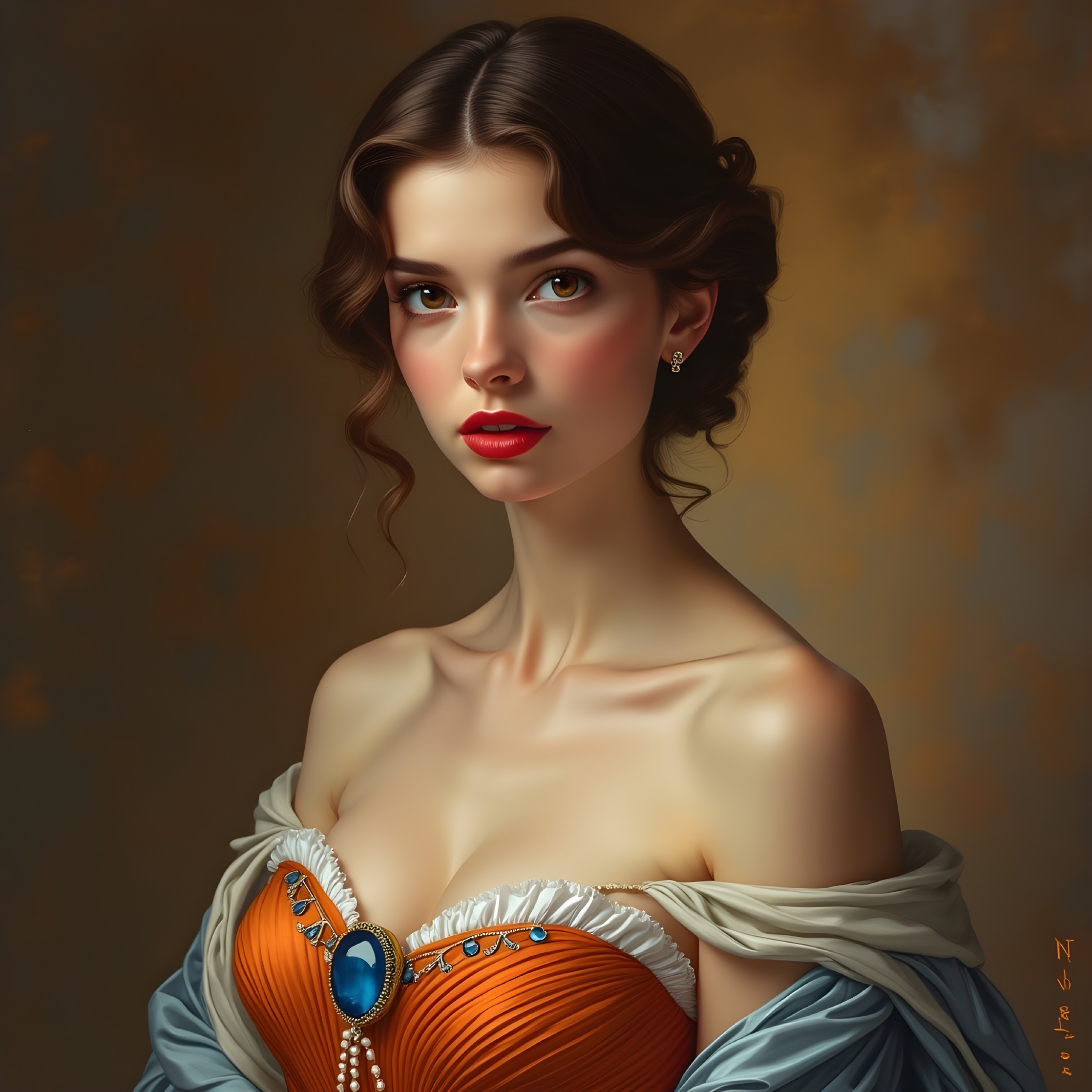 Elegant Young Woman in Orange Gown with Blue Gemstone