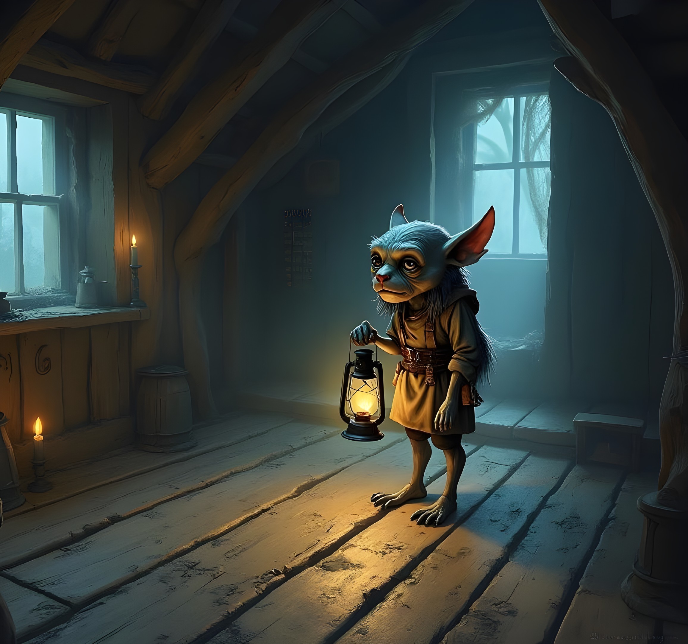 Whimsical Creature in Rustic Cabin with Lantern
