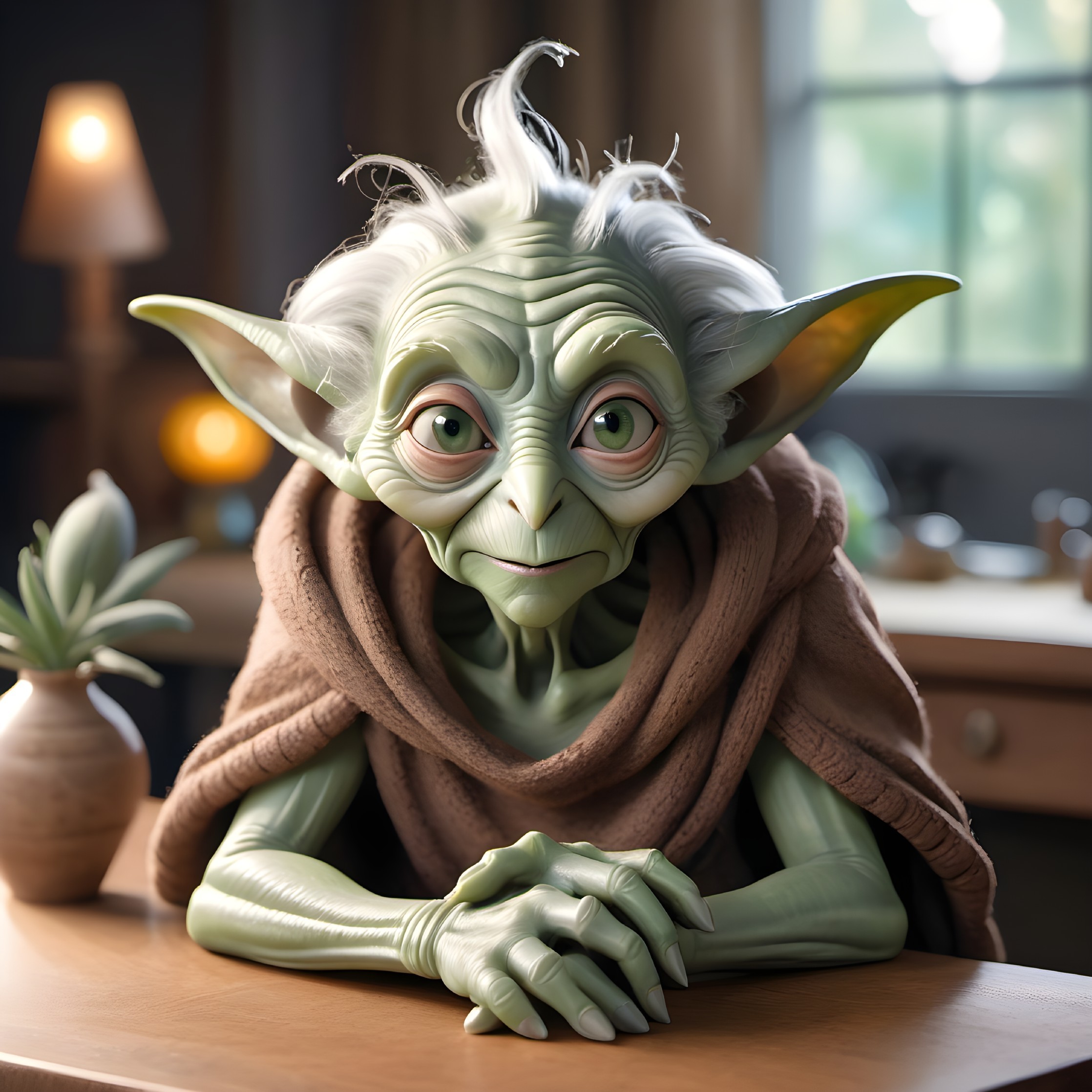 Wise Green-Skinned Creature in Cozy Room Setting