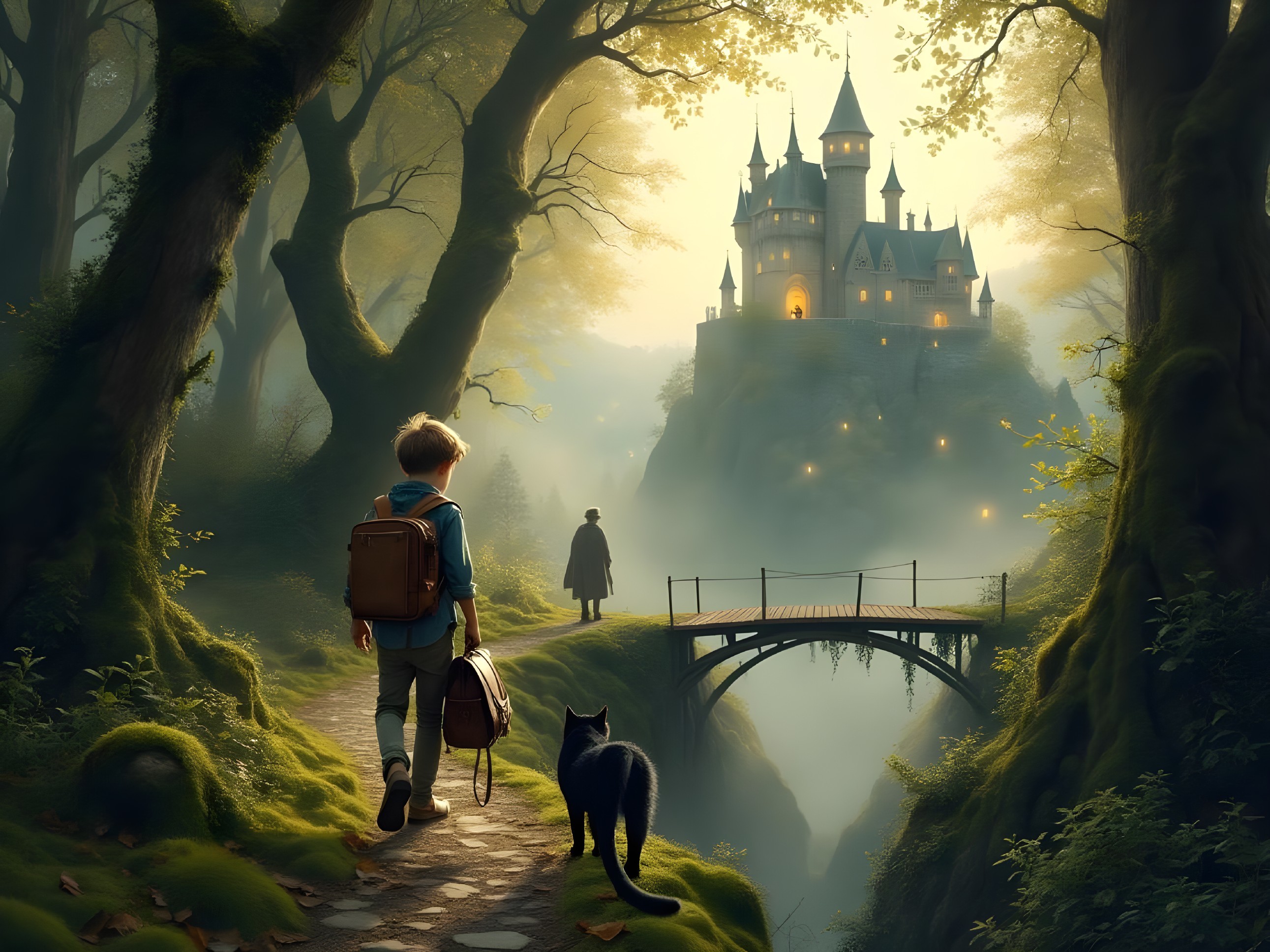 Young boy and black cat journey to misty castle