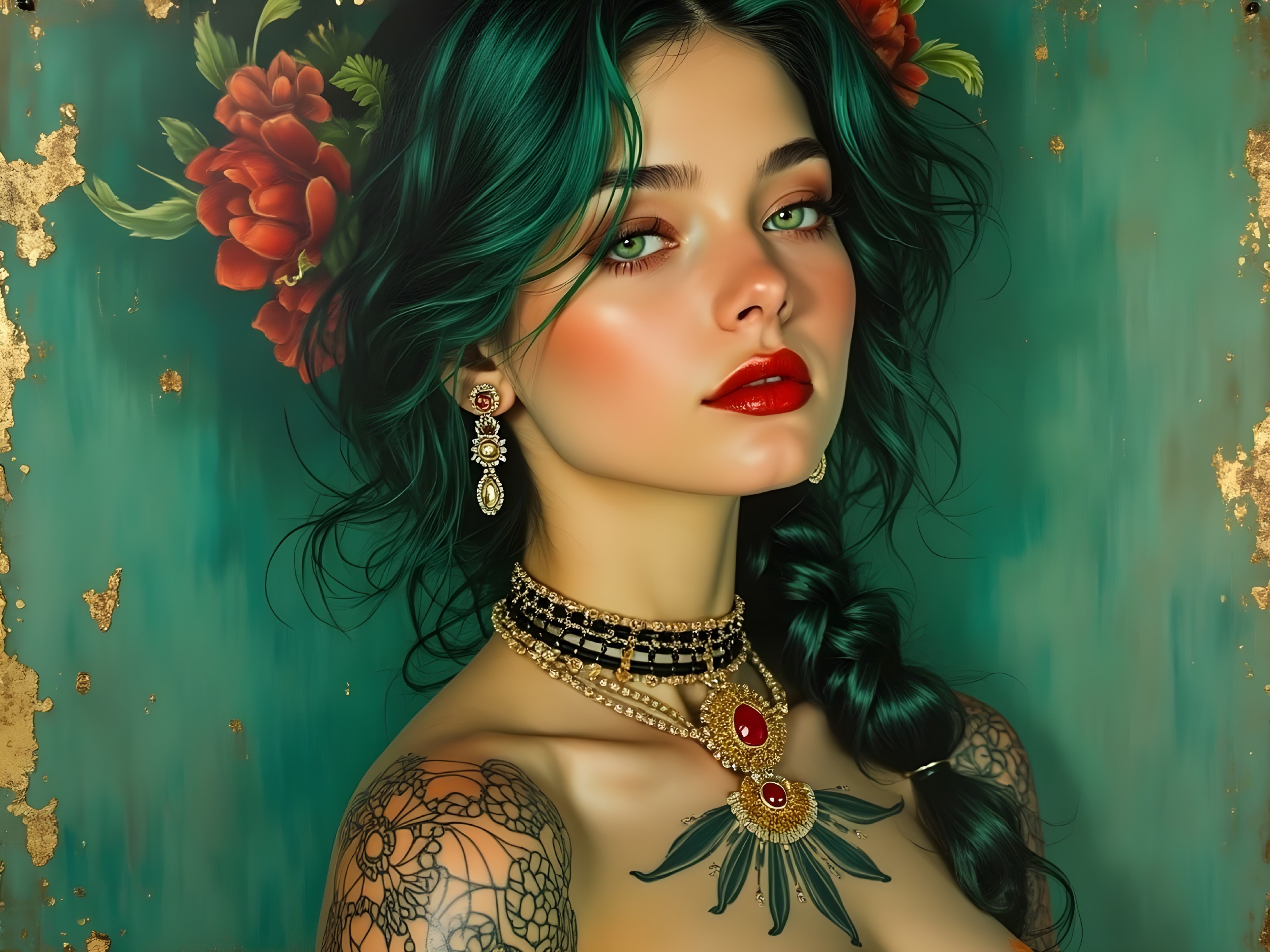 Vibrant Turquoise Hair and Red Roses with Jewelry