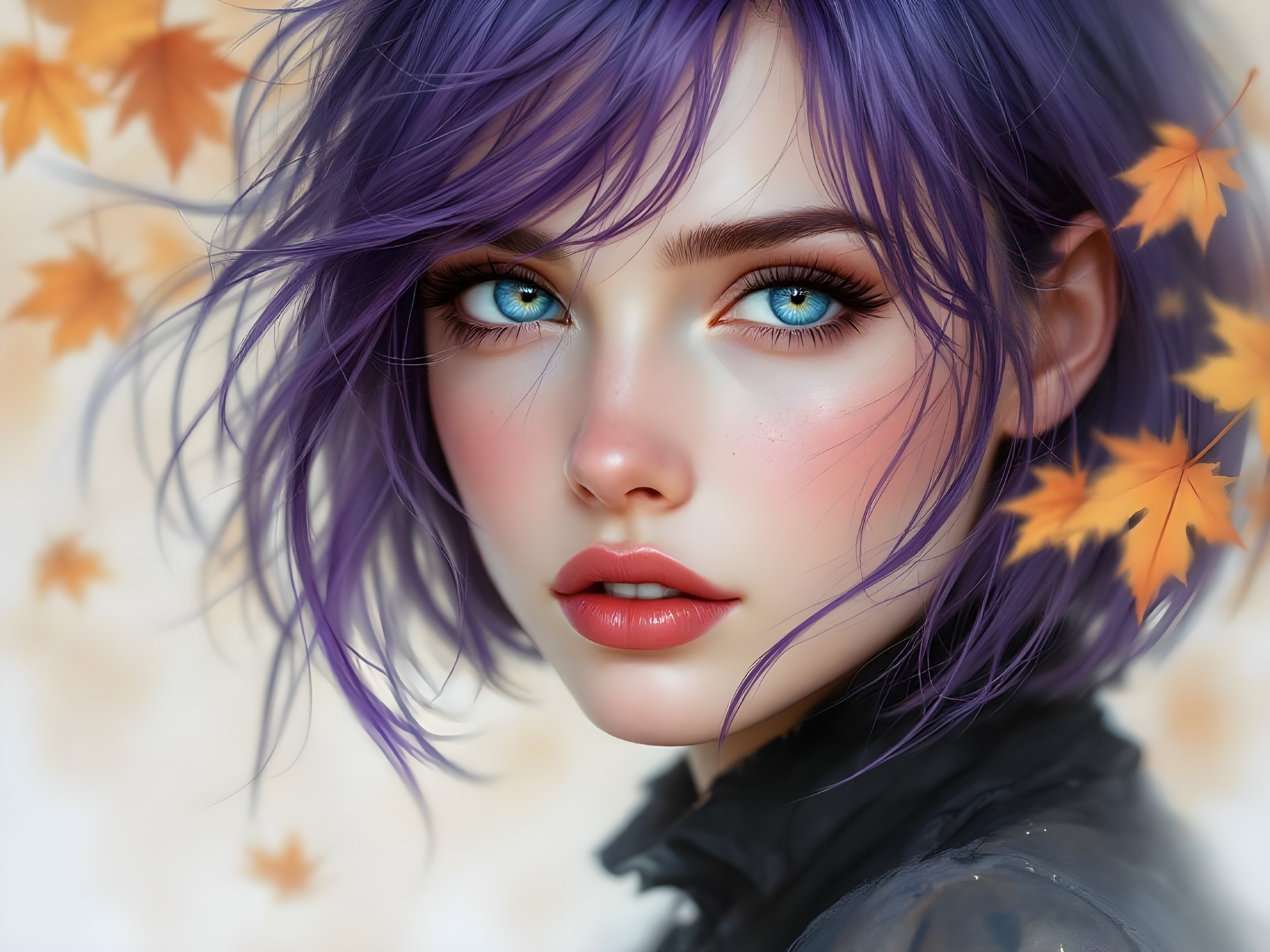 Portrait of a Young Woman with Purple Hair and Blue Eyes