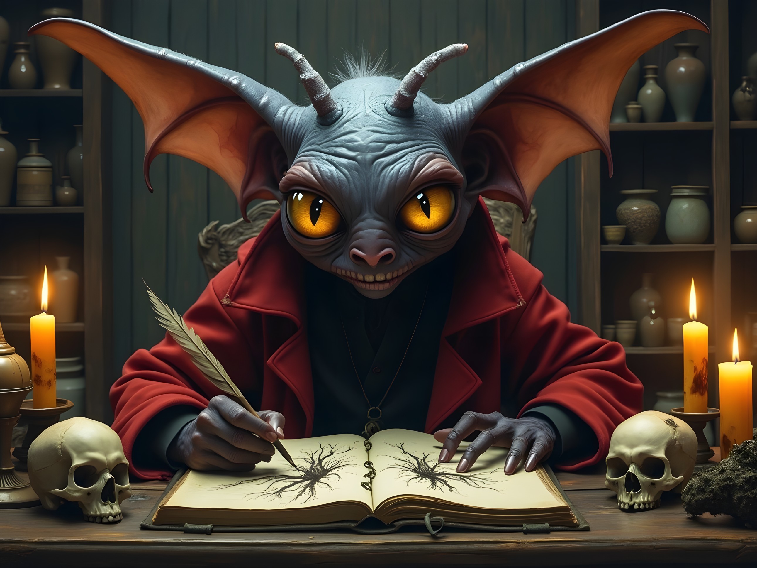 Whimsical creature writing in a mystical, dim room