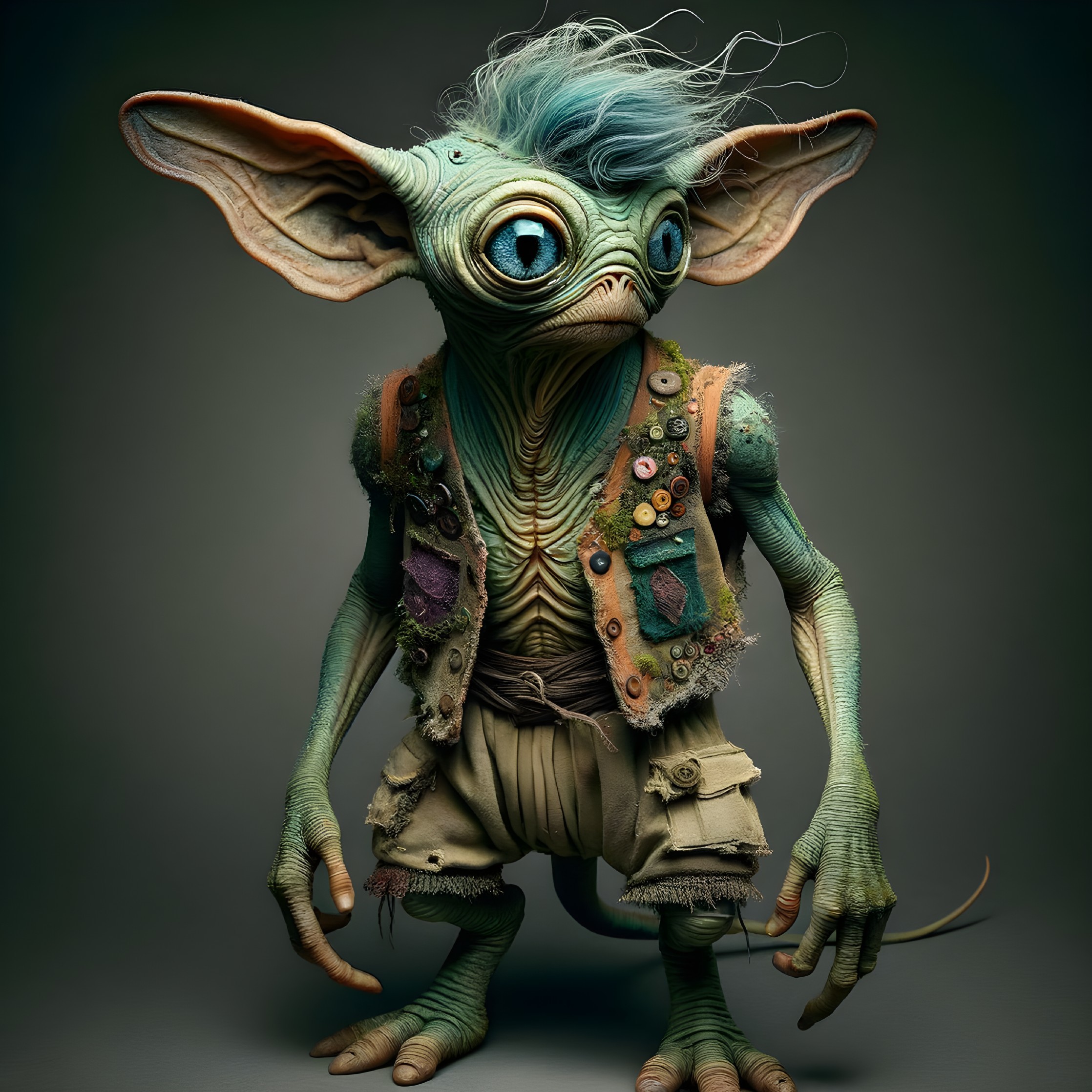 Whimsical Creature with Blue Eyes and Green Skin