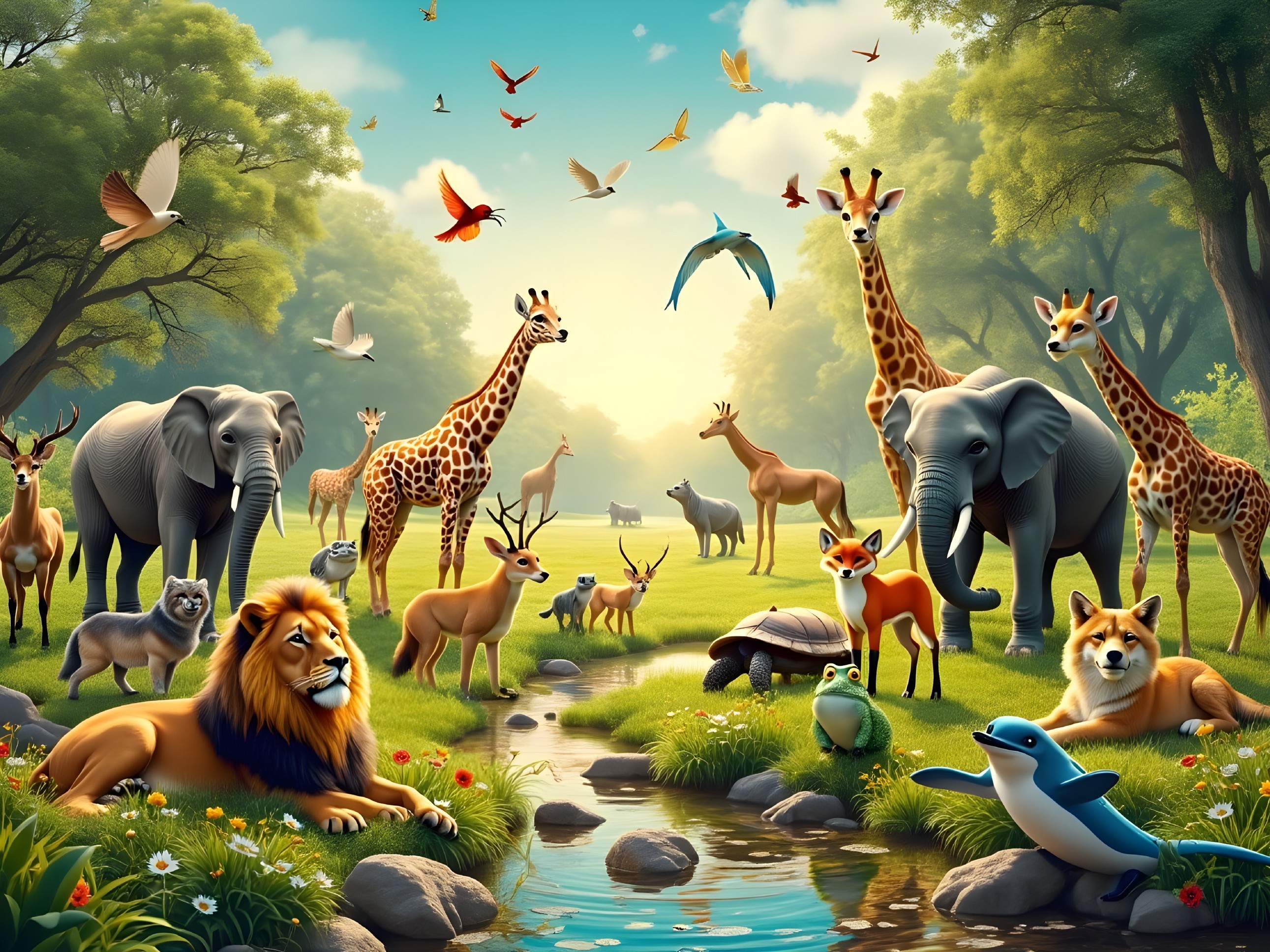 Diverse Wildlife Gathering by a Sunny Forest Stream