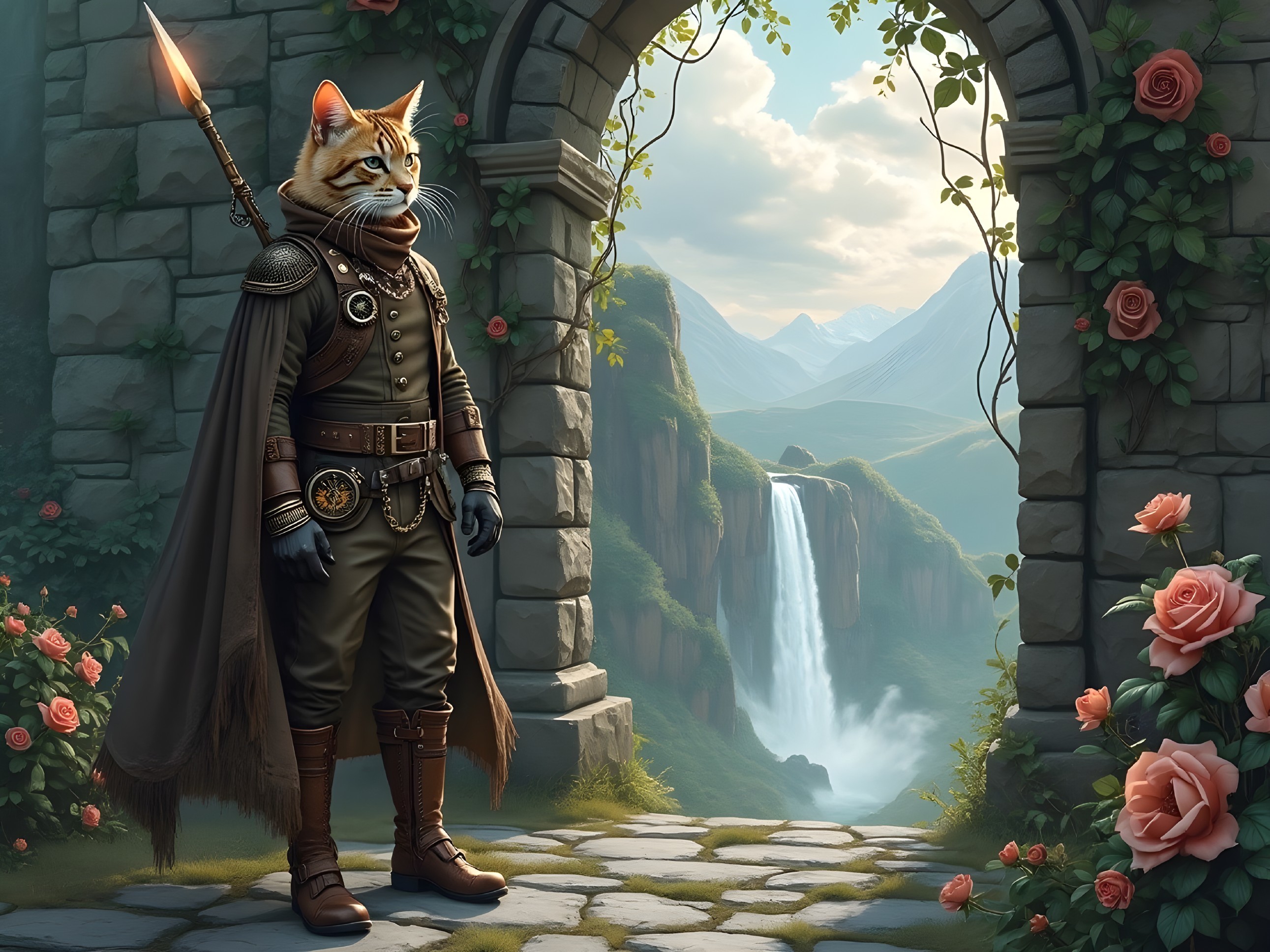 Feline Knight in Armor at a Scenic Archway