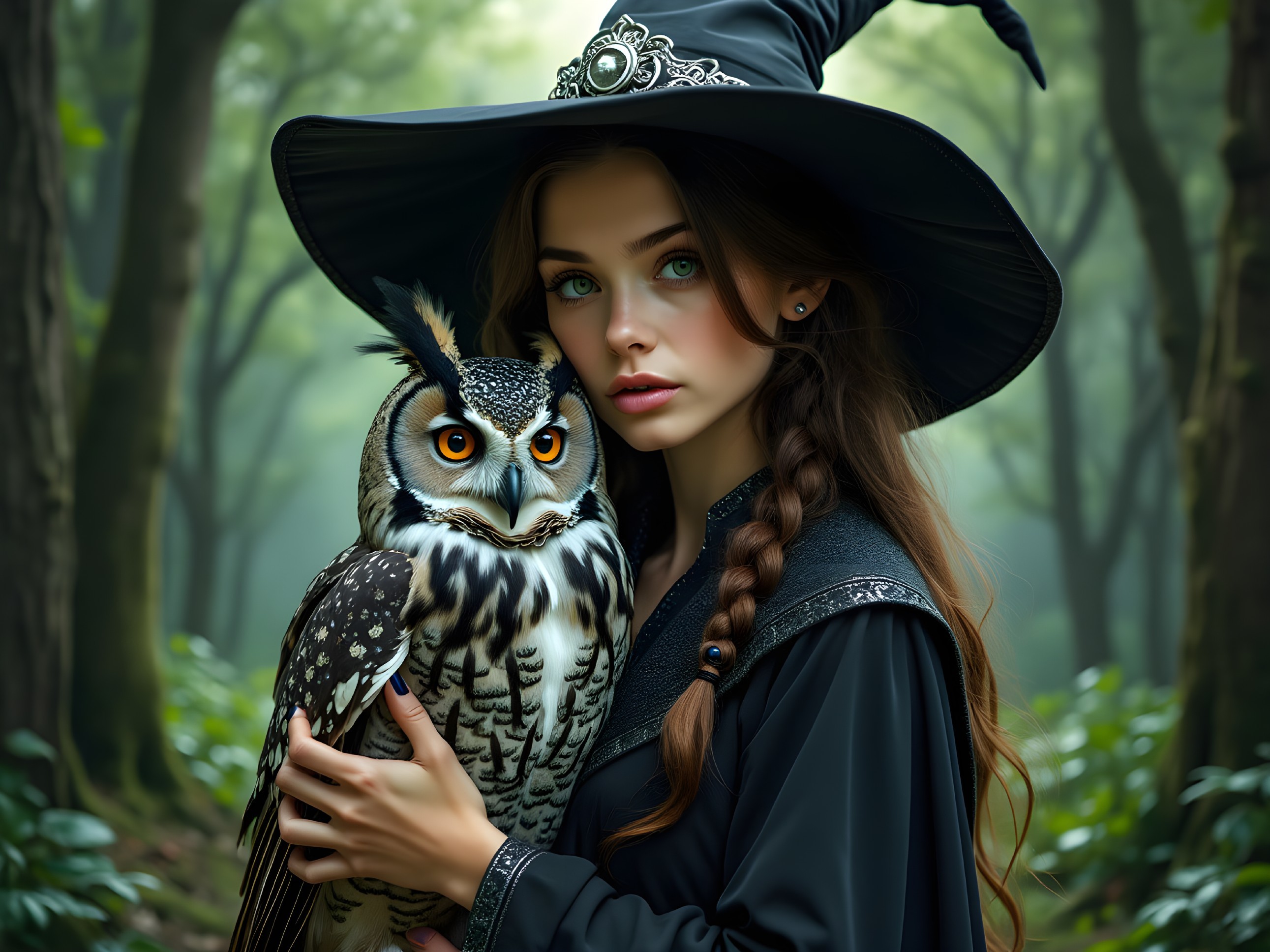 Young Woman in Cloak with Owl in Misty Forest