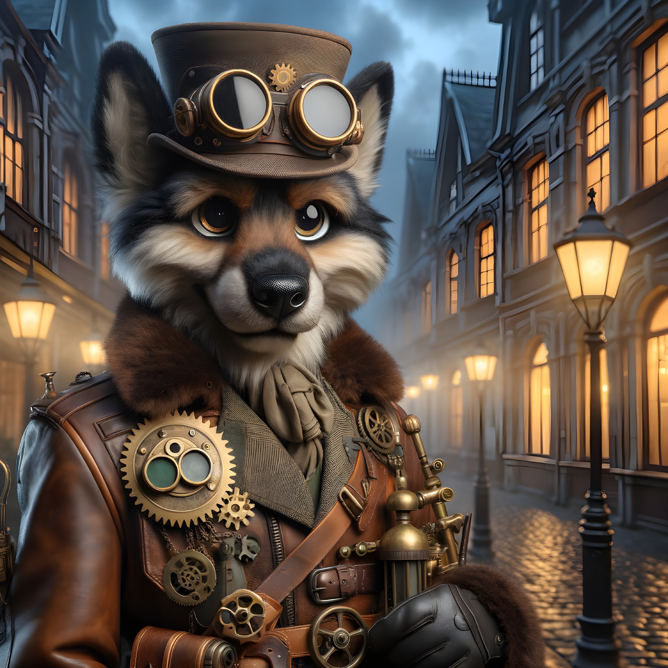 Anthropomorphic fox in steampunk attire on cobblestone street