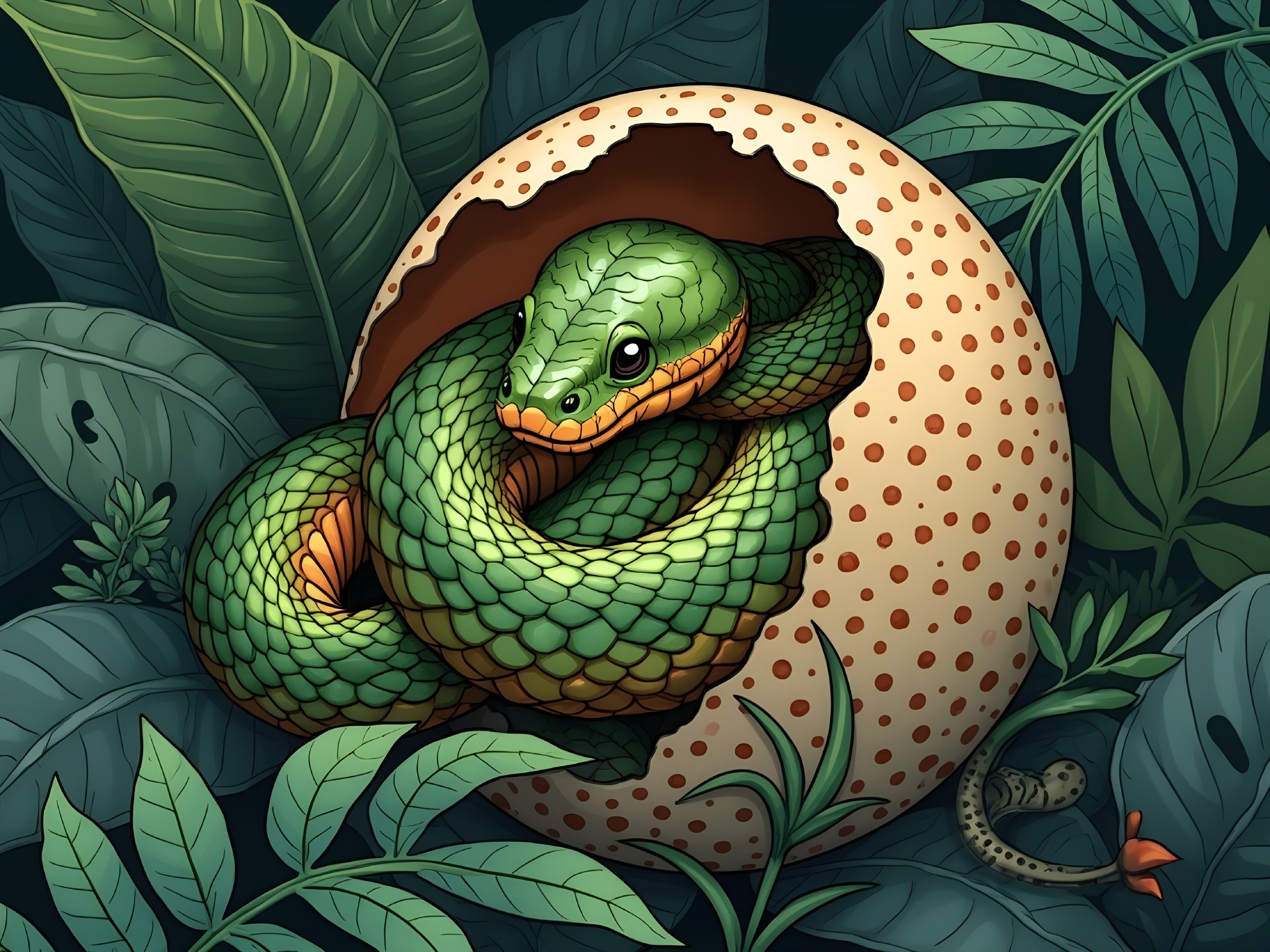 Green Snake Hatching from Egg in Tropical Foliage