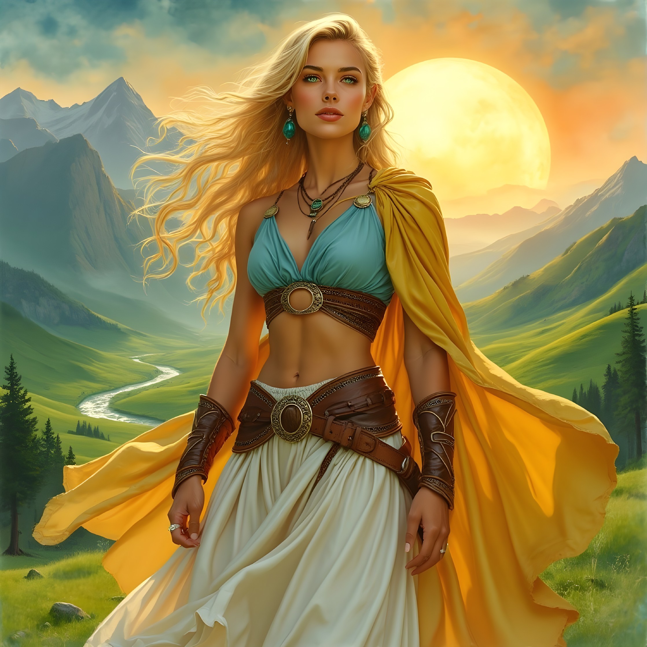 Majestic Landscape with Woman in Tribal Attire