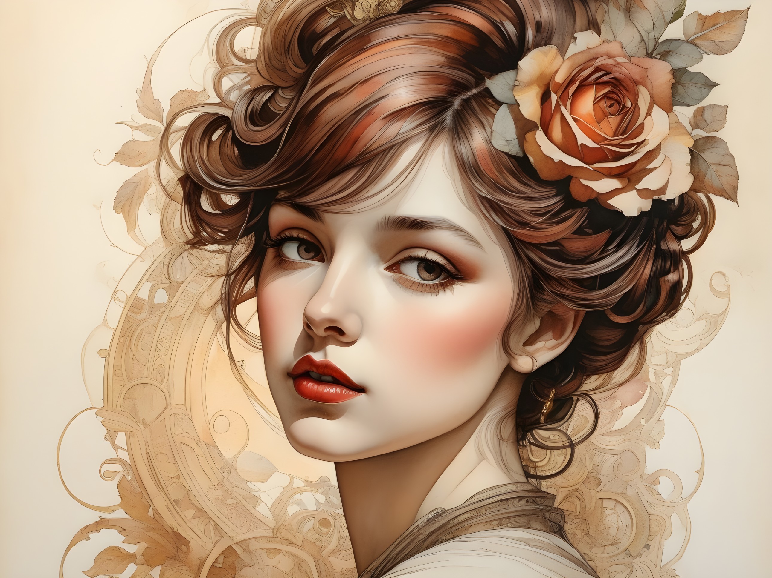 Young woman with dark curls and floral background
