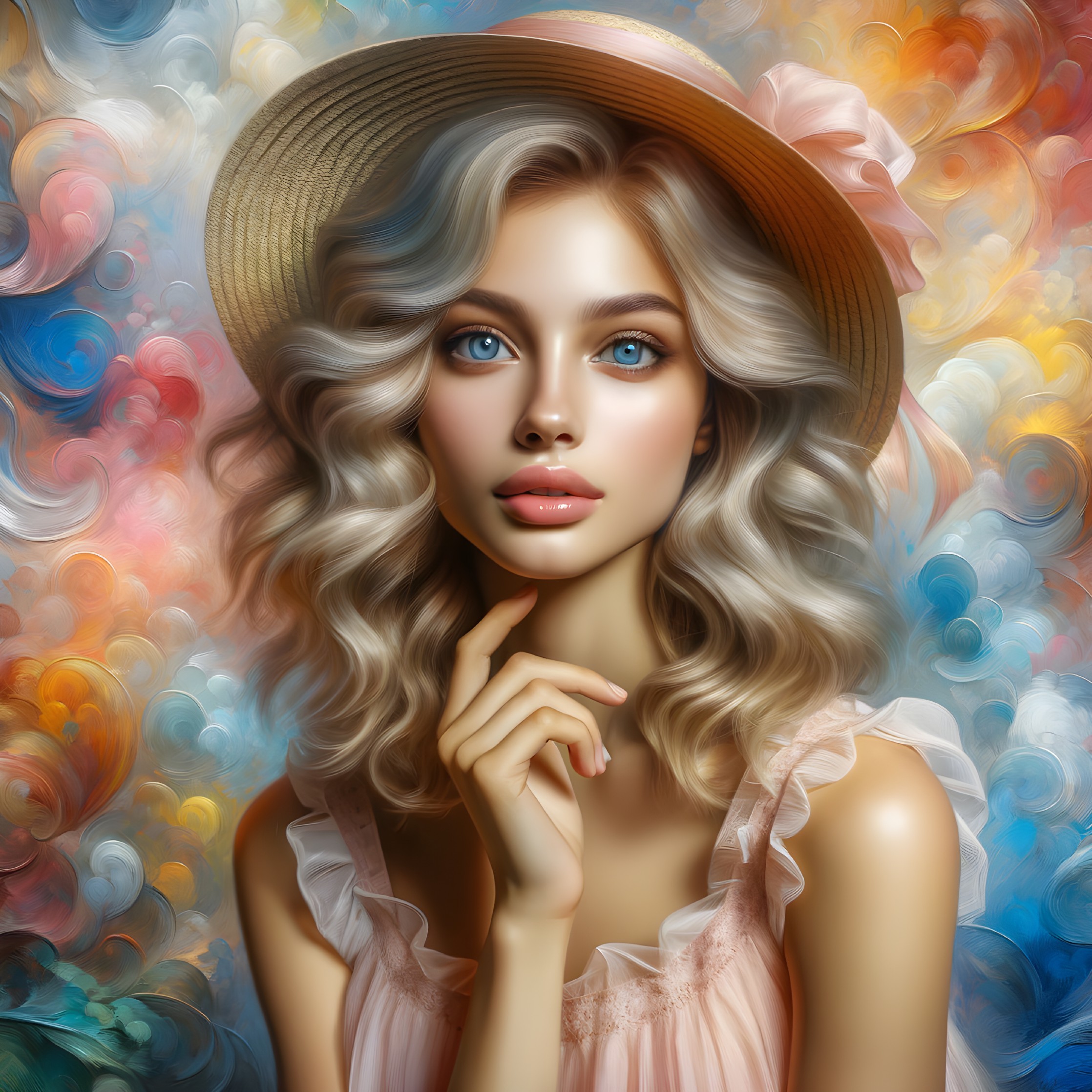 Young woman in pink dress with straw hat and blue eyes