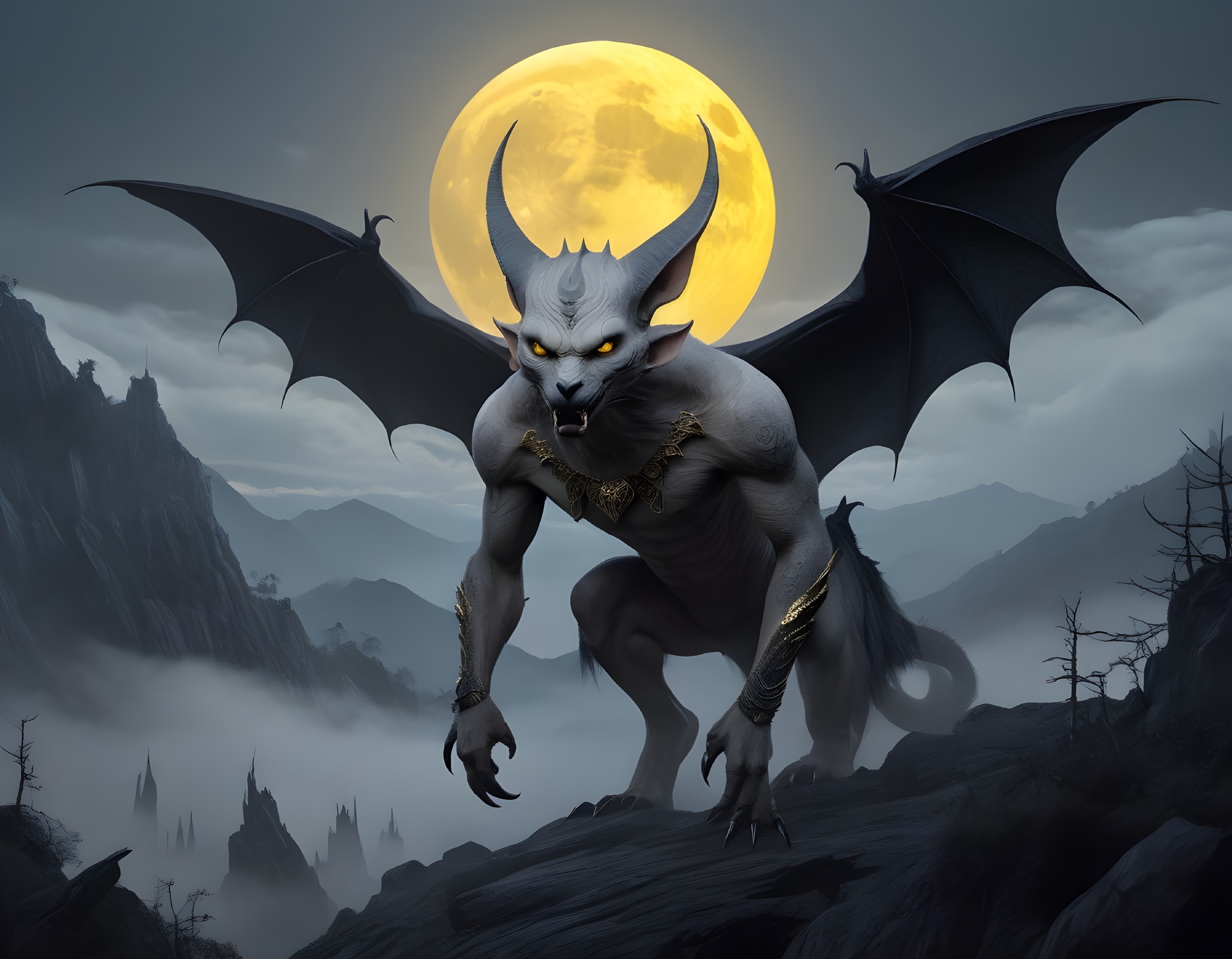 Creature with Bat Wings in Moonlit Mountain Scene
