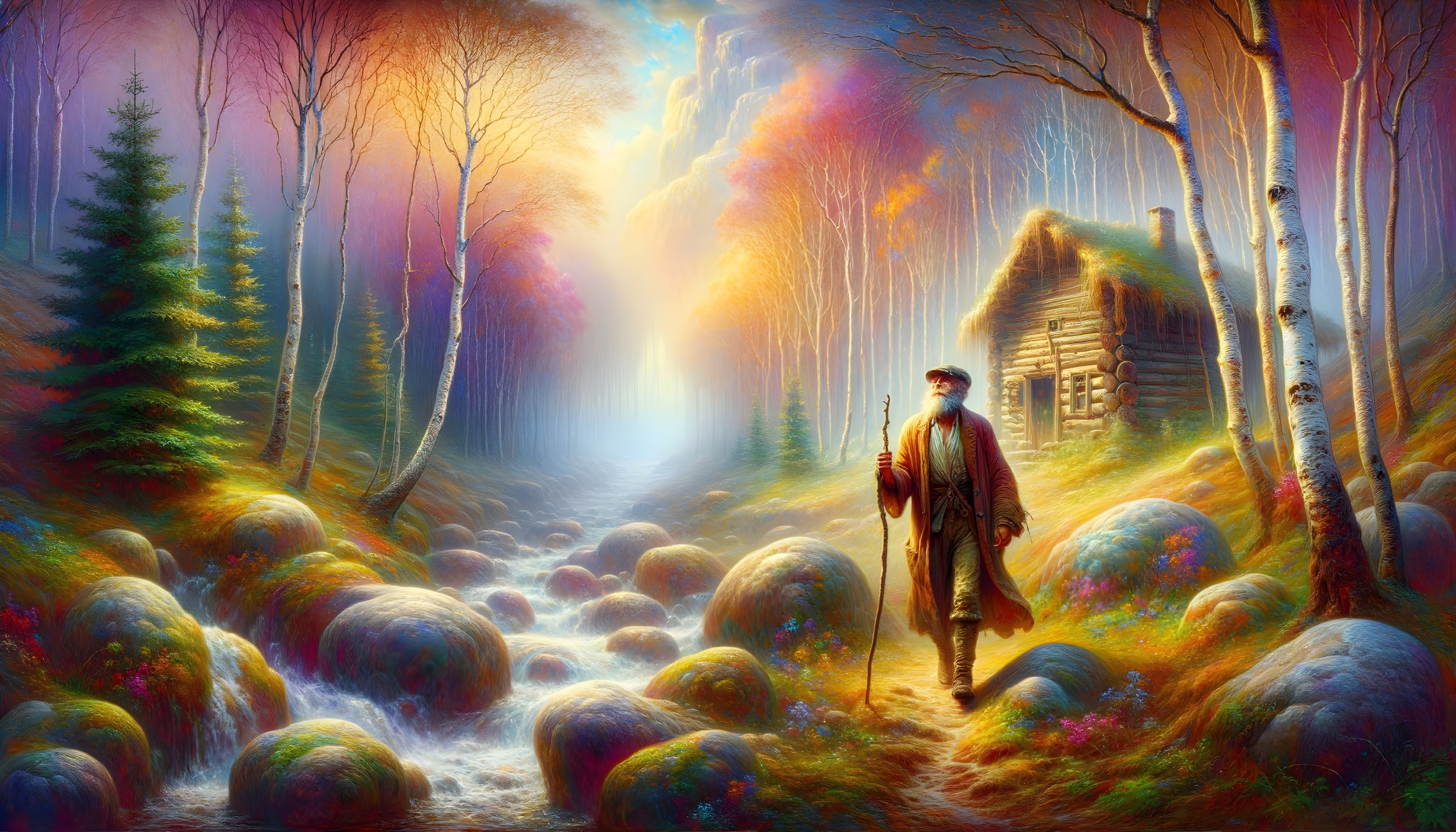 Autumn Forest Scene with Stream and Cozy Cabin