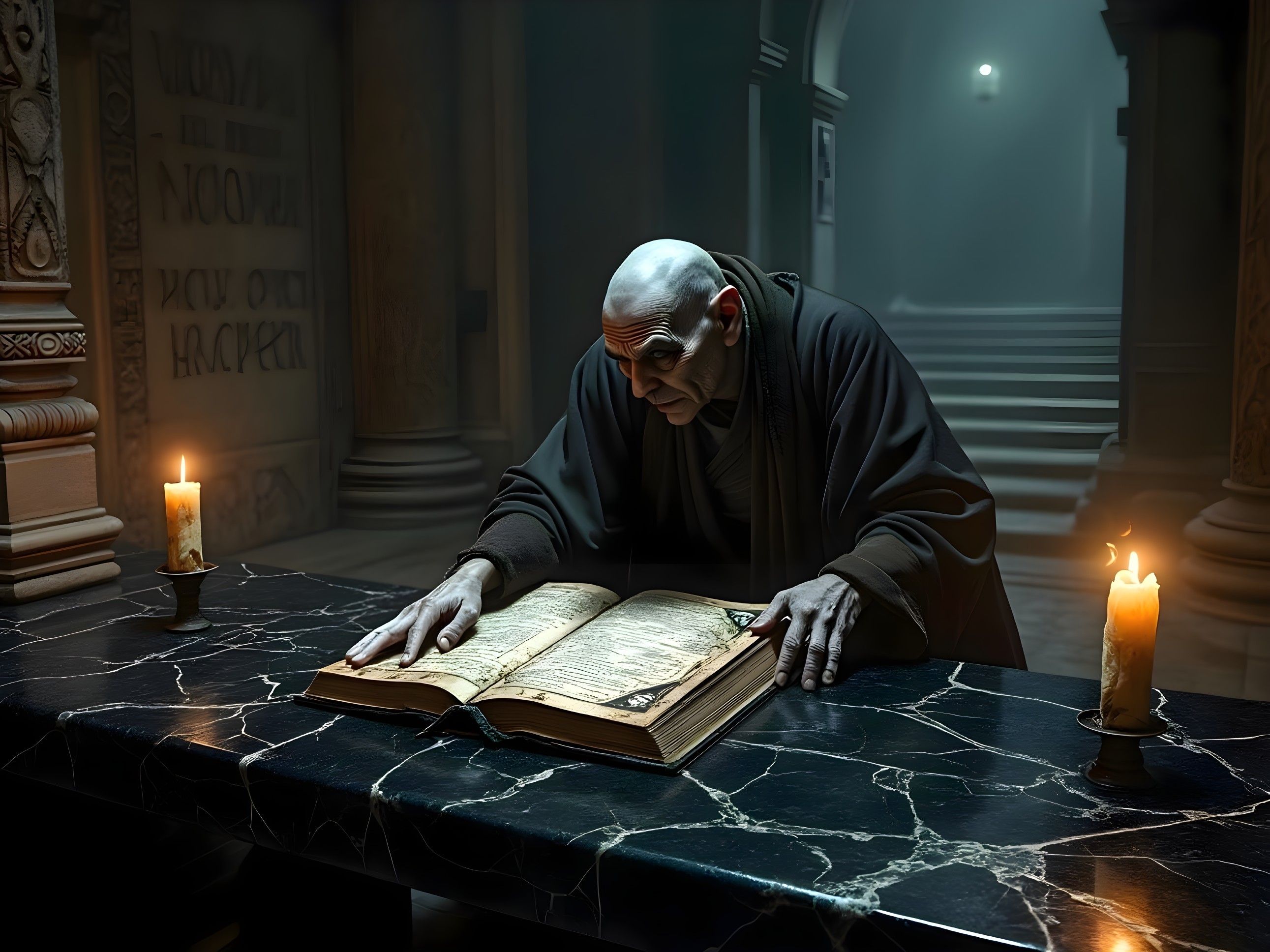 Bald Monk Studying Ancient Book in Dim Library
