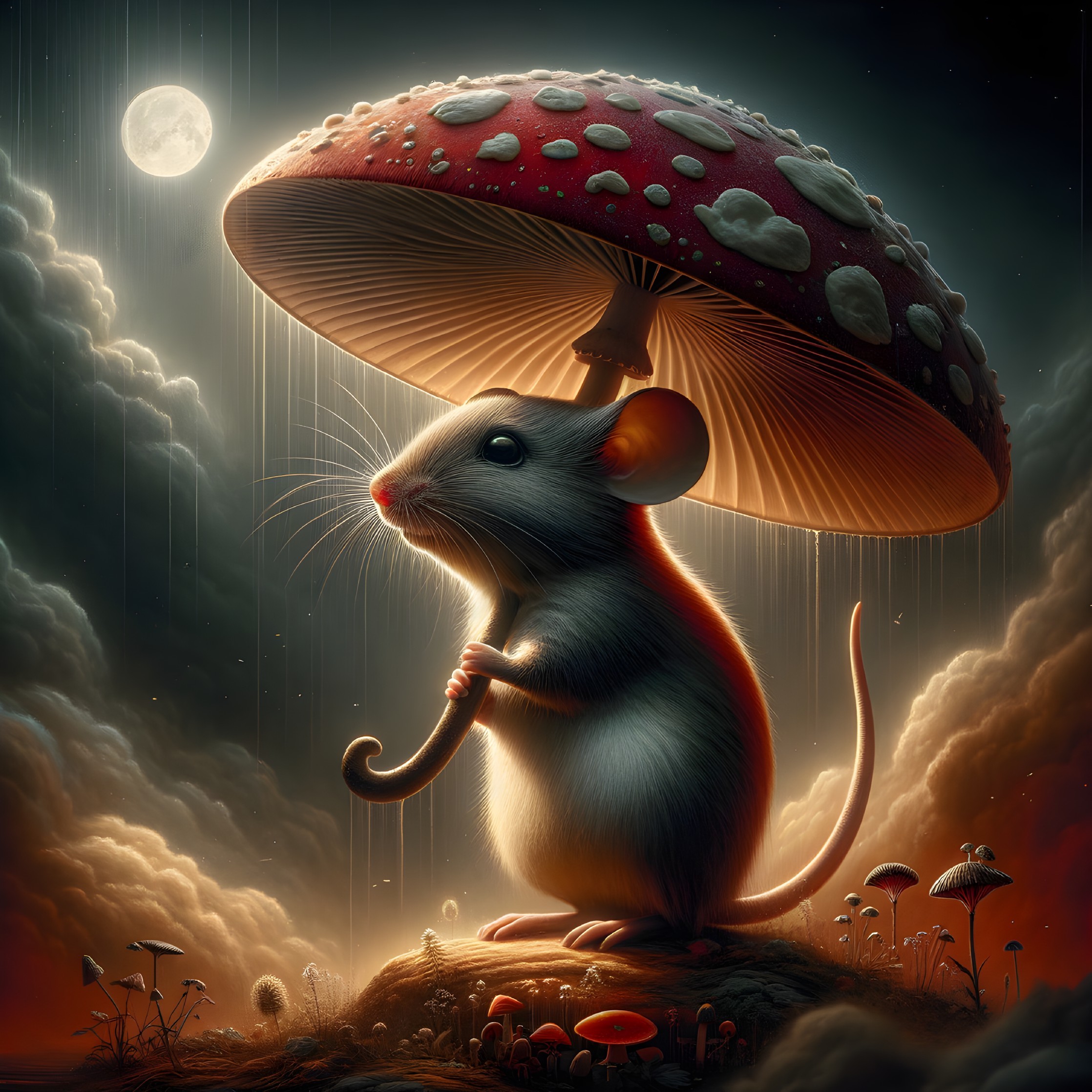 Whimsical Mouse Under Vibrant Red Mushroom Scene