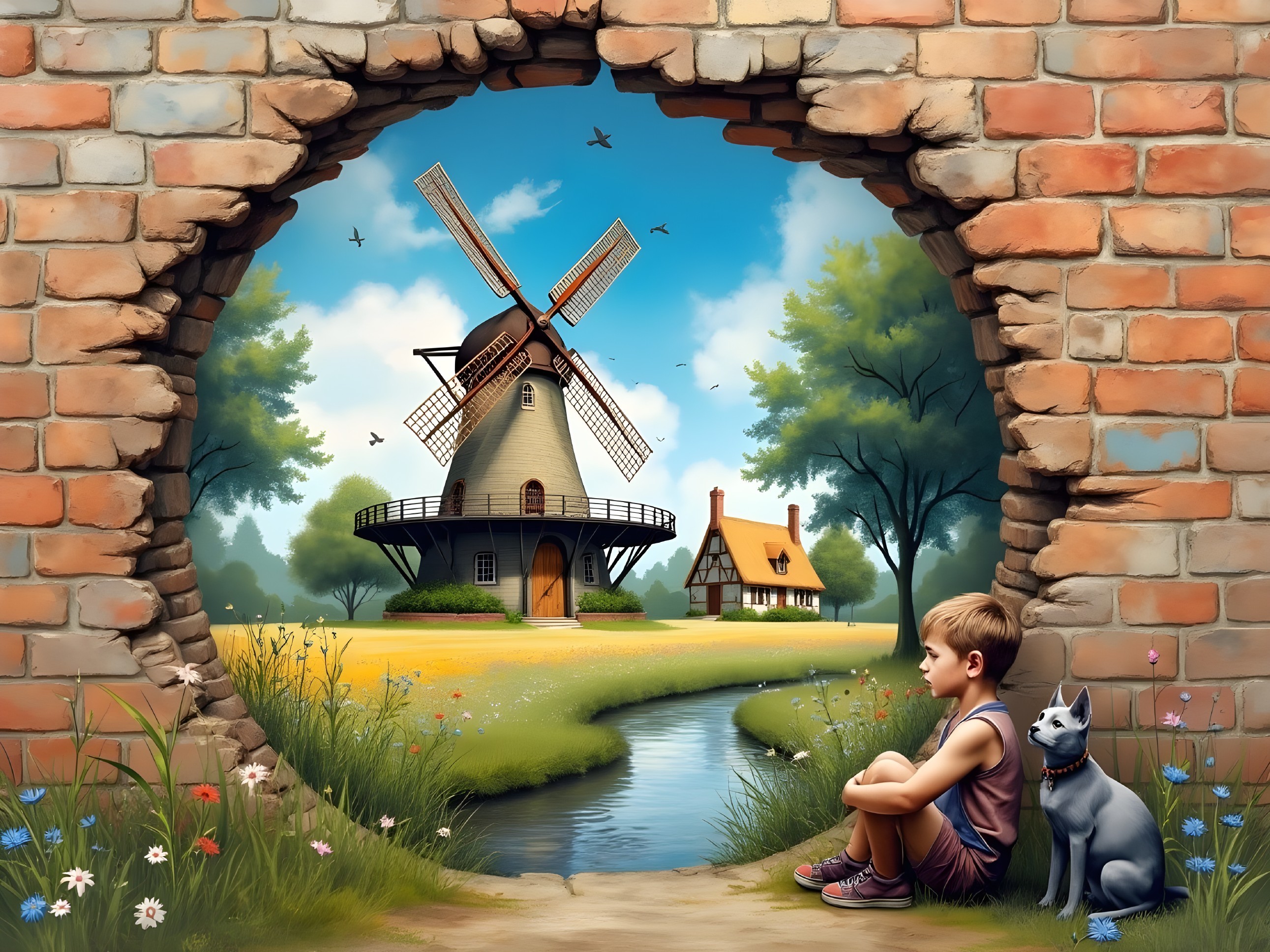 Serene Countryside Scene with Boy, Stream, and Windmill