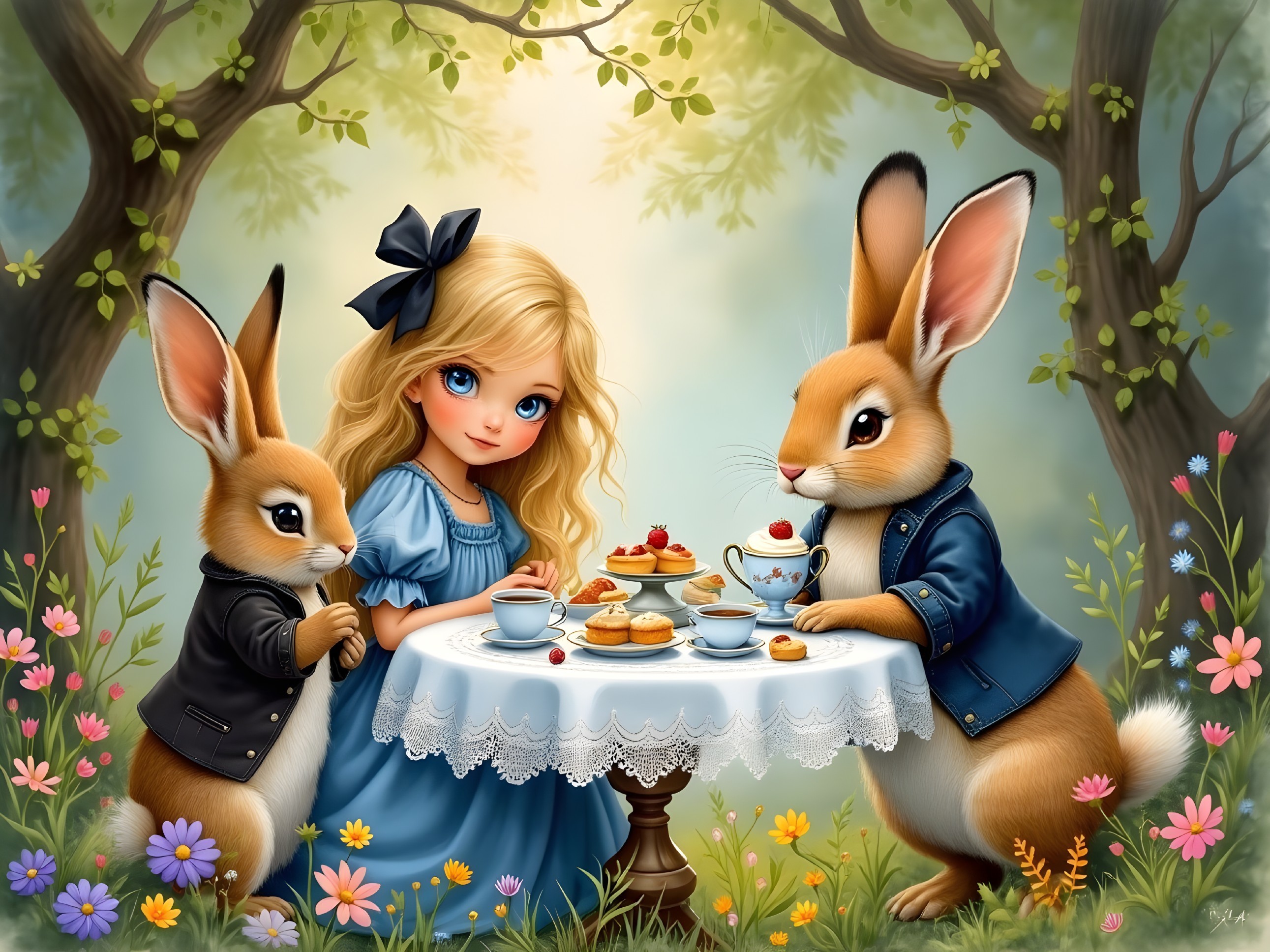 Whimsical Tea Party in a Forest with Rabbits