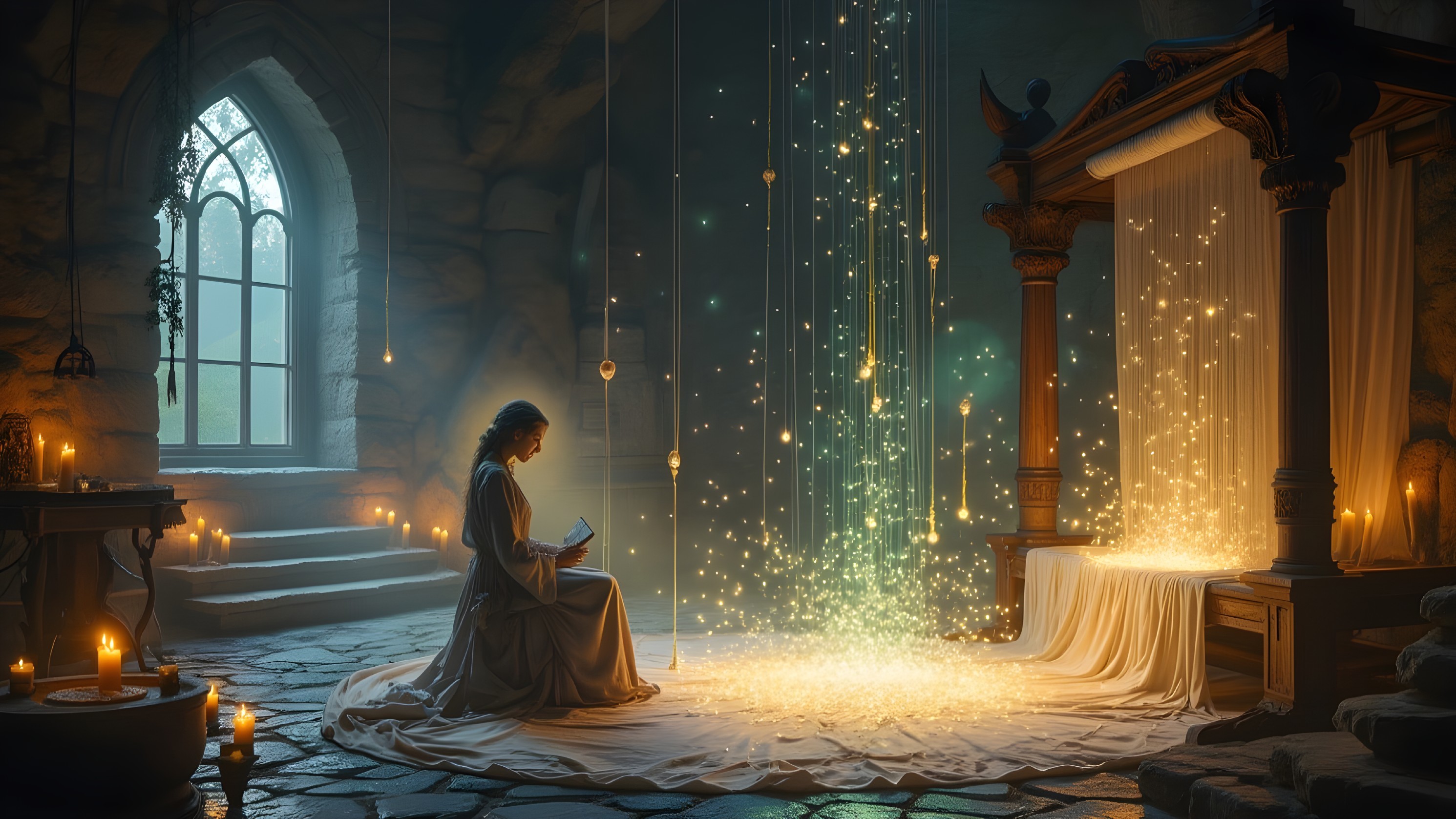 Serene Woman Reading in Mystical Dimly Lit Space