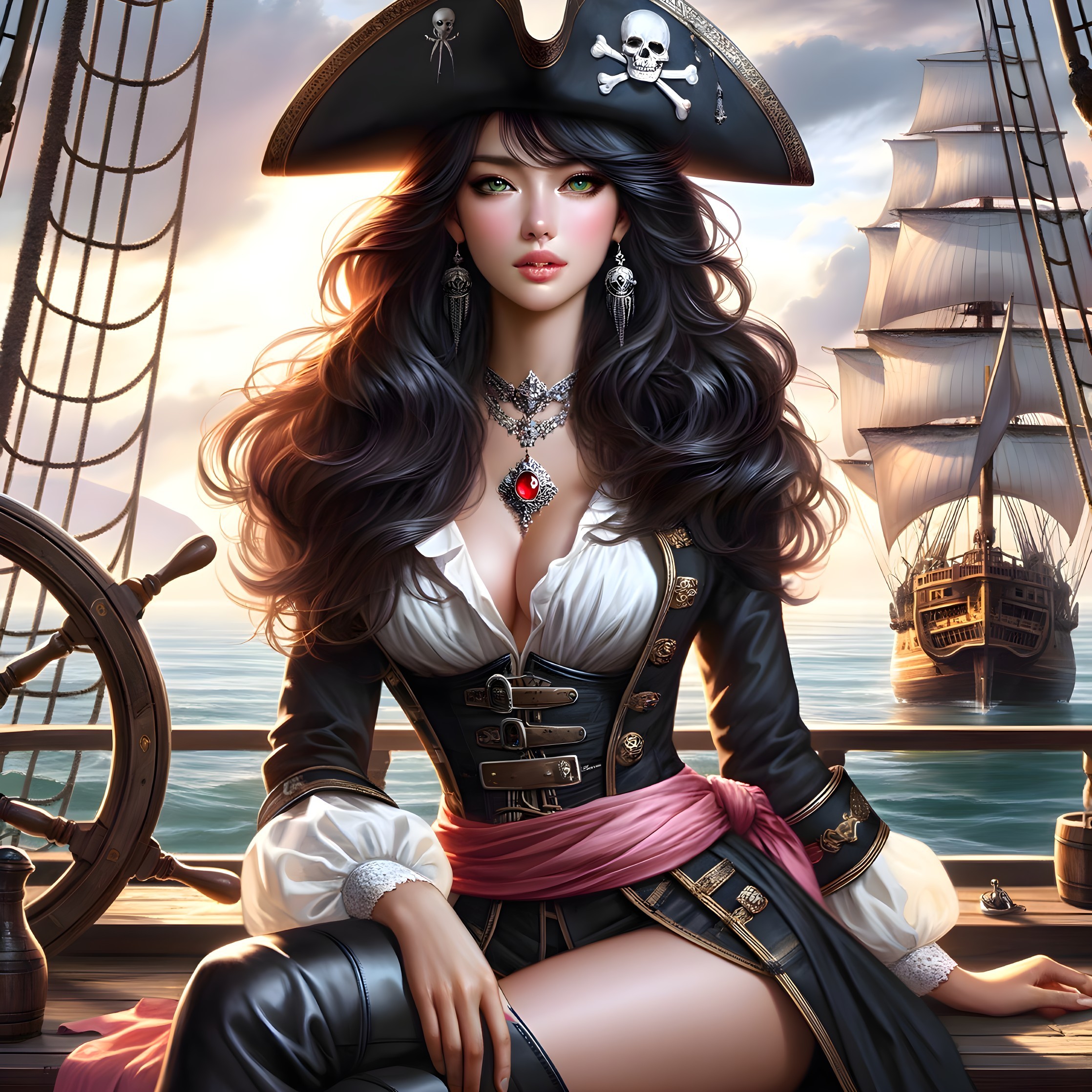 Beautiful Female Pirate on Ship Deck with Ocean View