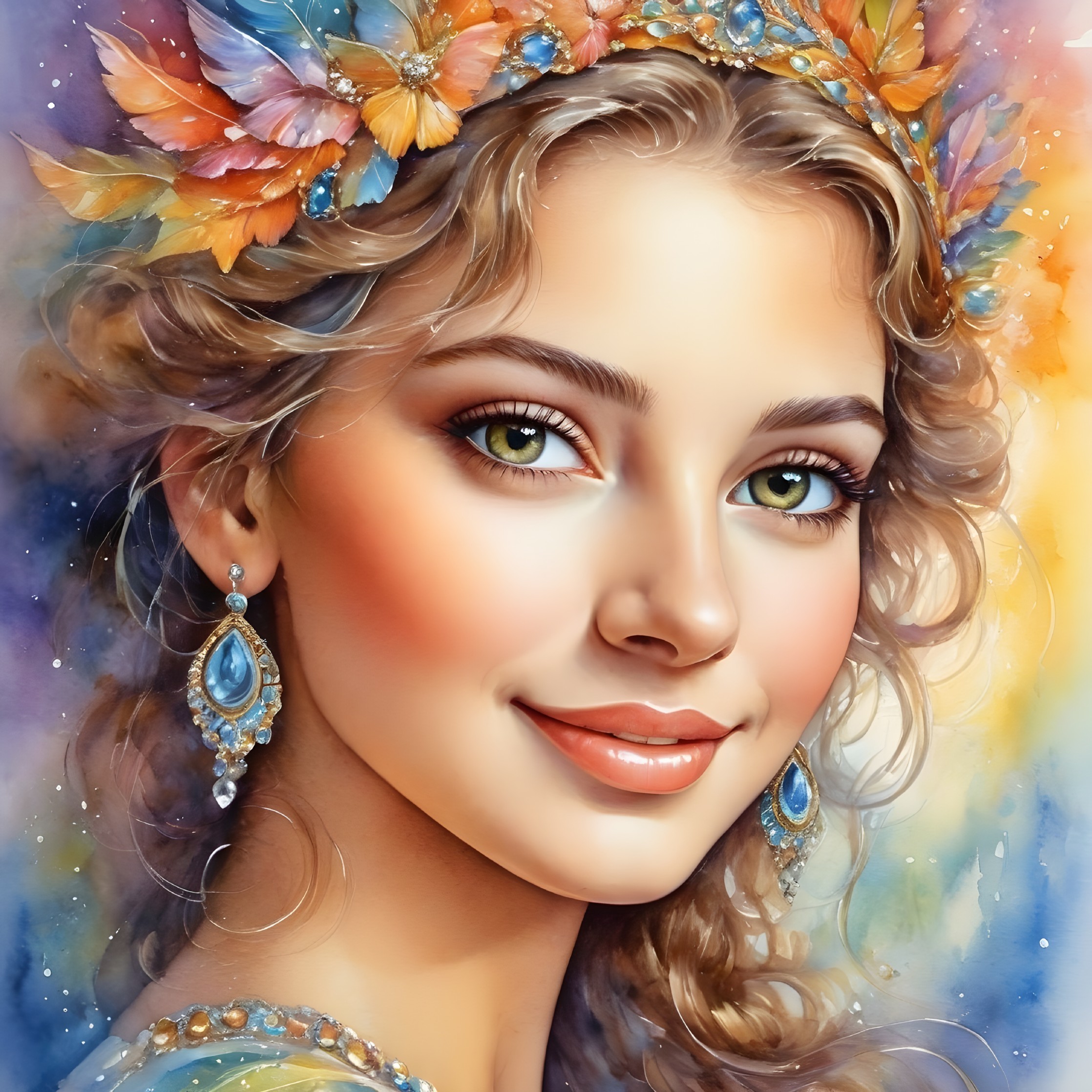 Young Woman with Floral Crown and Pastel Background