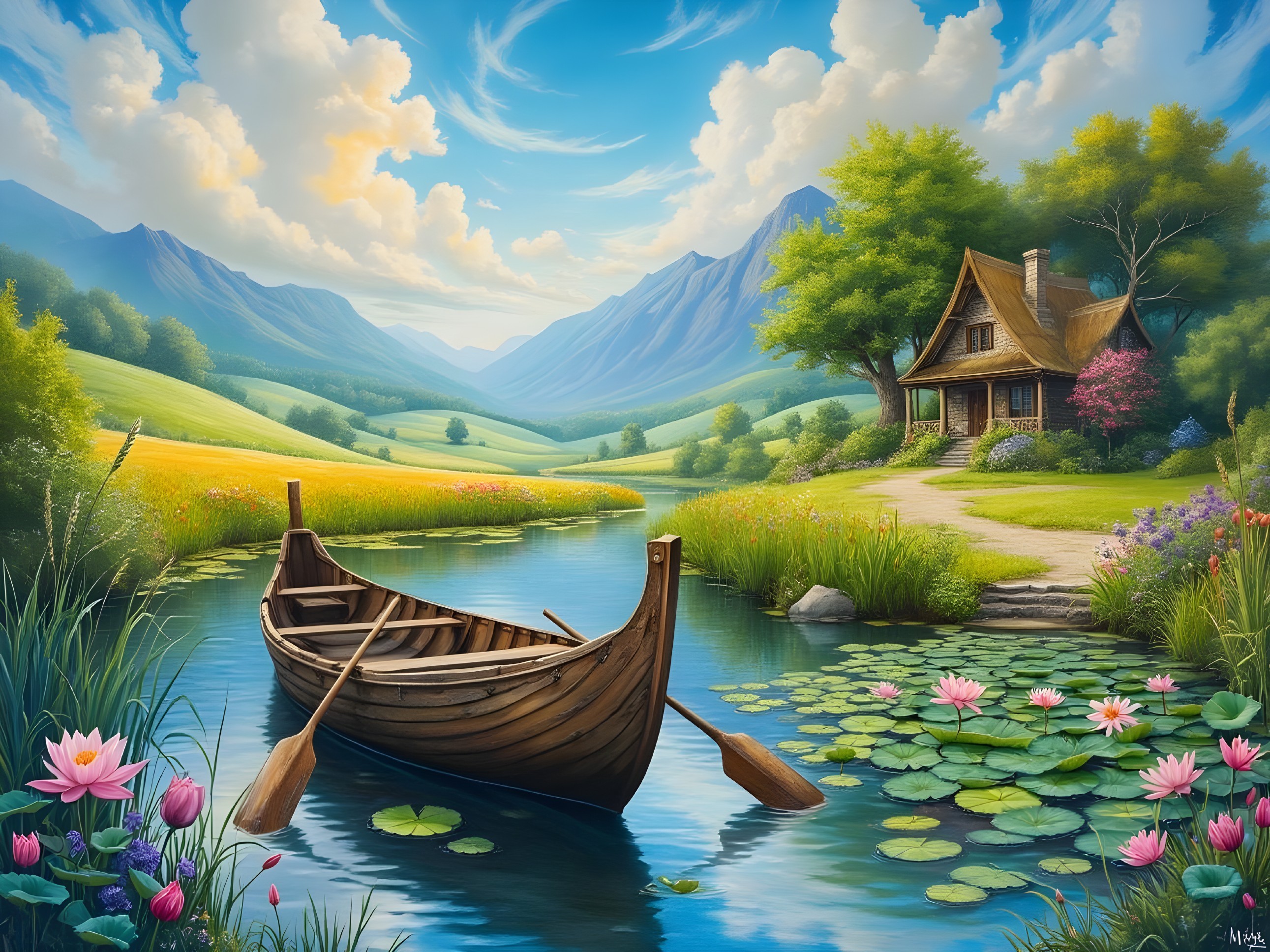 Tranquil River Landscape with Lush Fields and Mountains