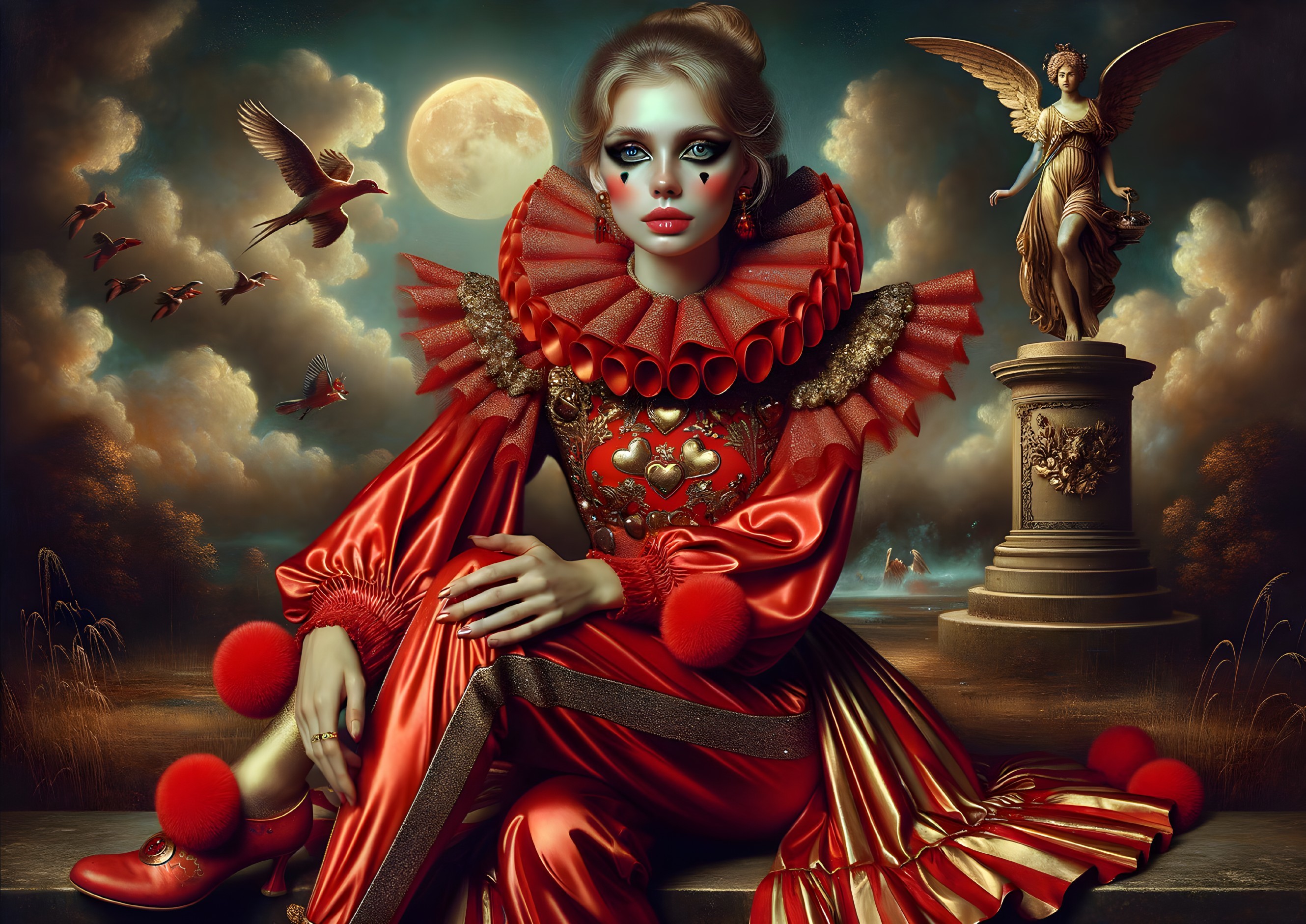 Surreal Moonlit Jester in Vibrant Costume and Clouds