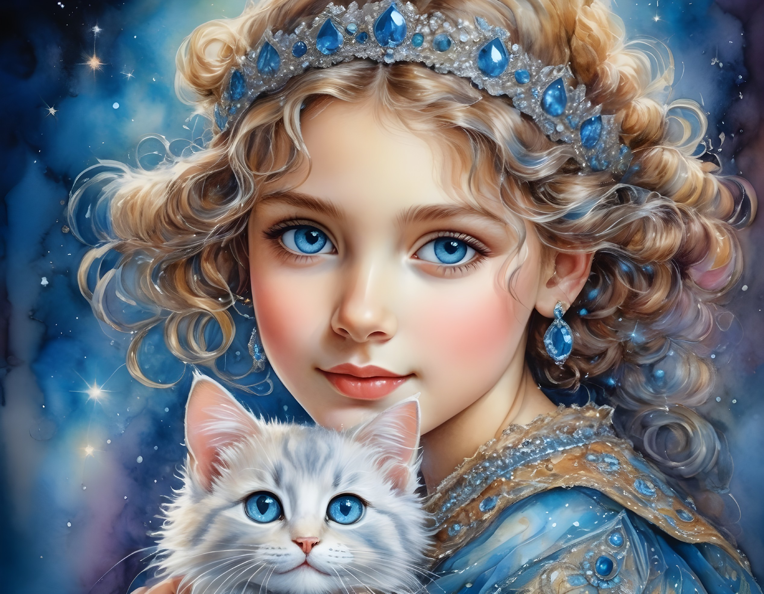 Young girl in blue gown with cat in starry scene