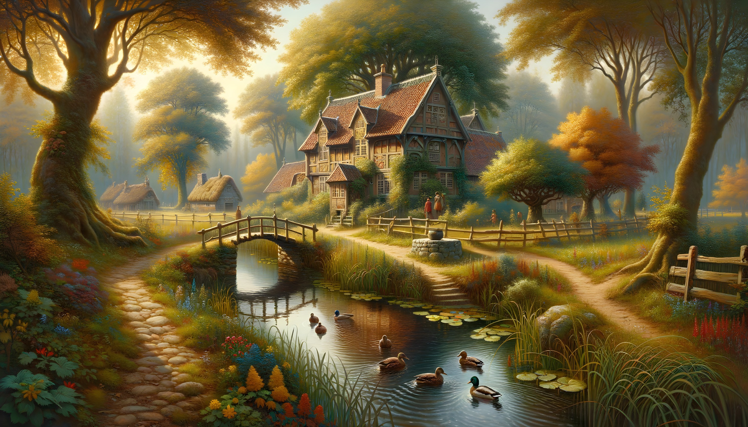 Rustic countryside house amid autumn foliage and stream