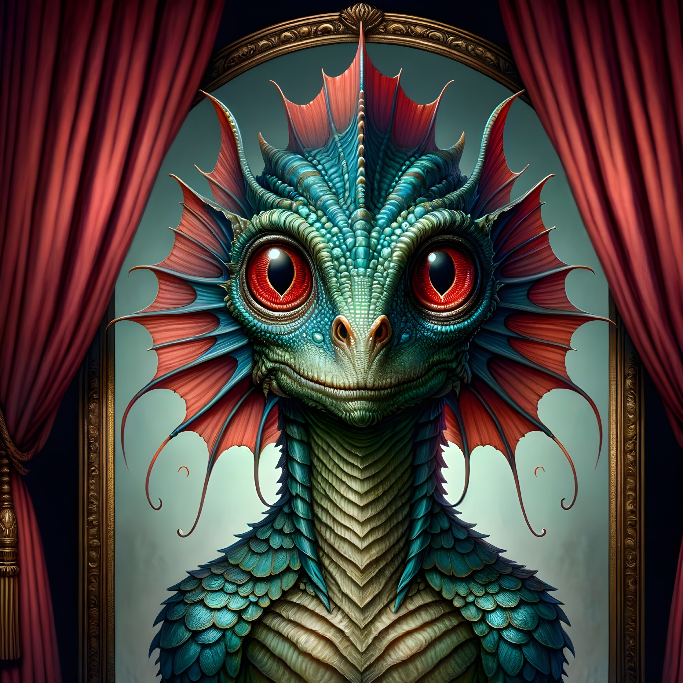 Vibrant turquoise creature with red frills in portrait
