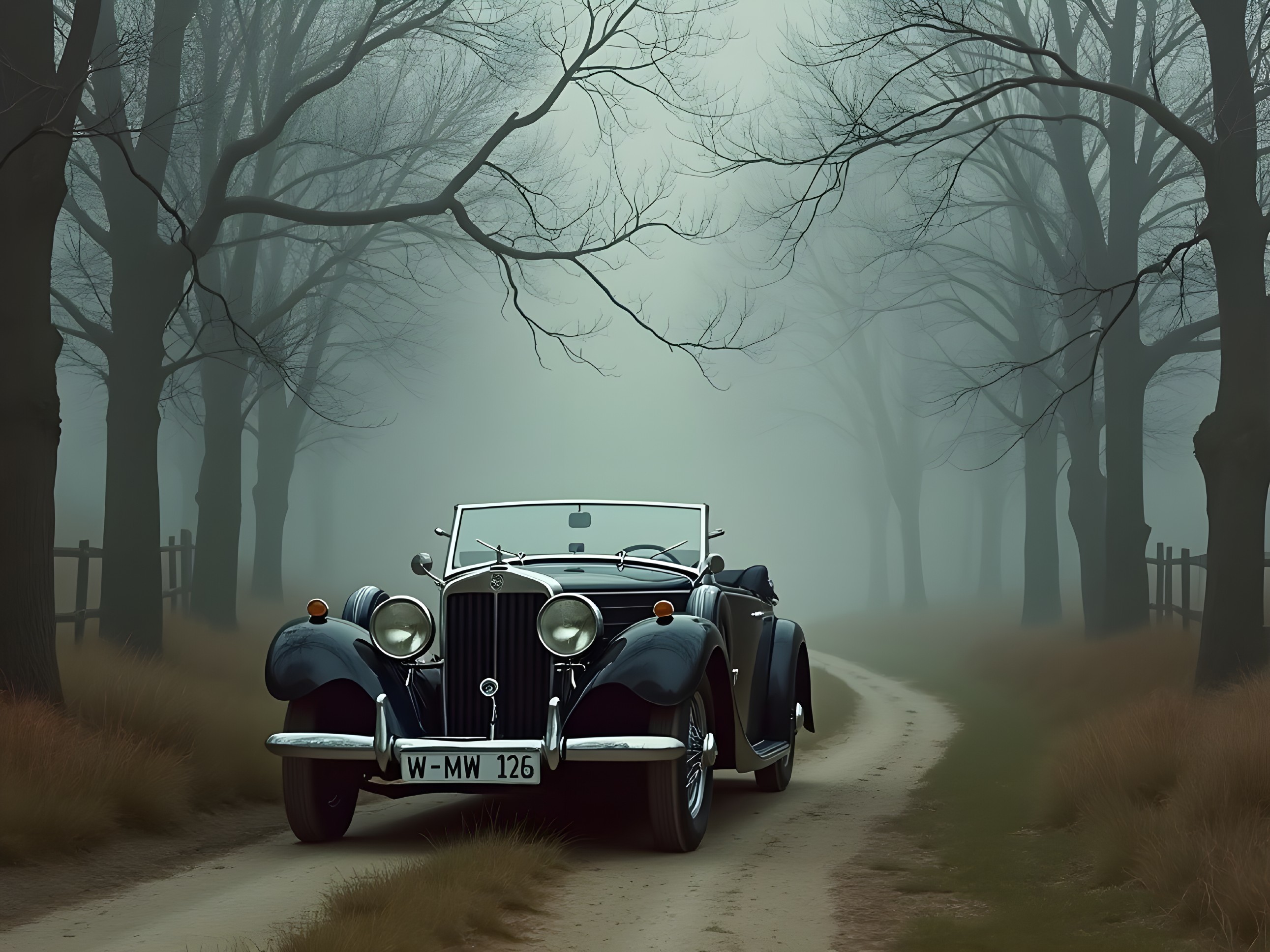 Black Convertible Car on Misty Country Road