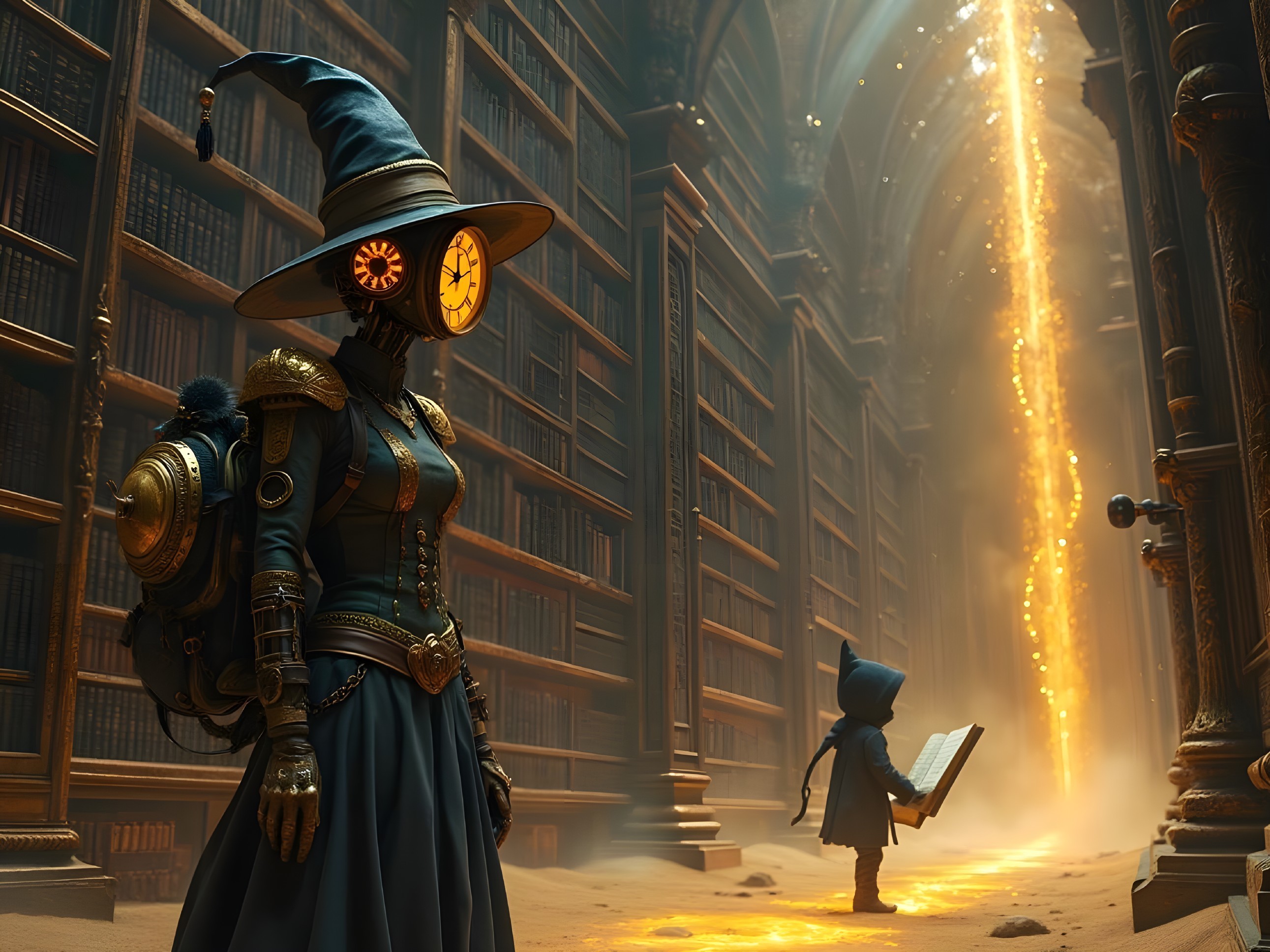 Steampunk Library with Mystical Figures and Golden Light