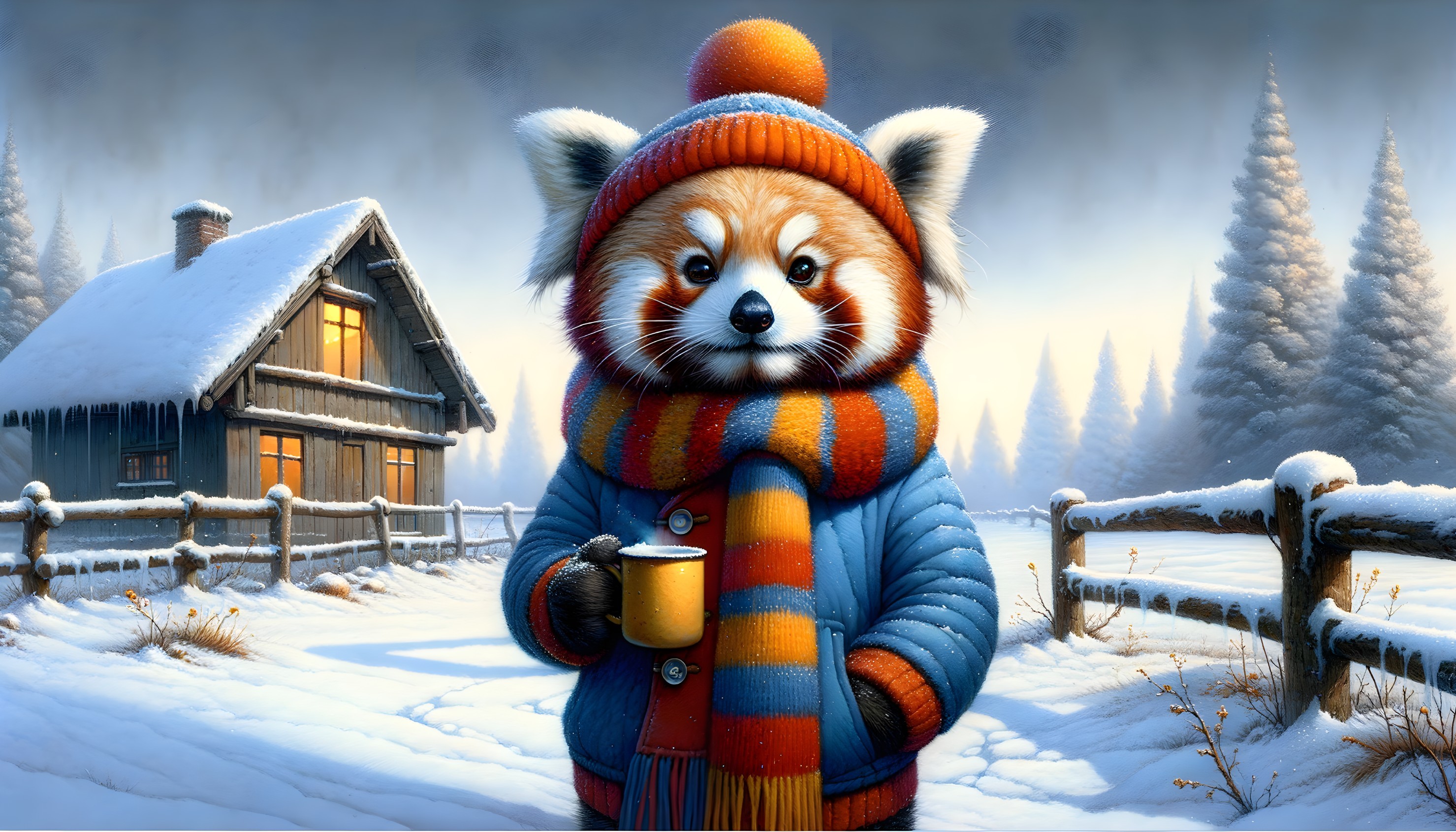 Anthropomorphic red panda in snowy landscape with cabin