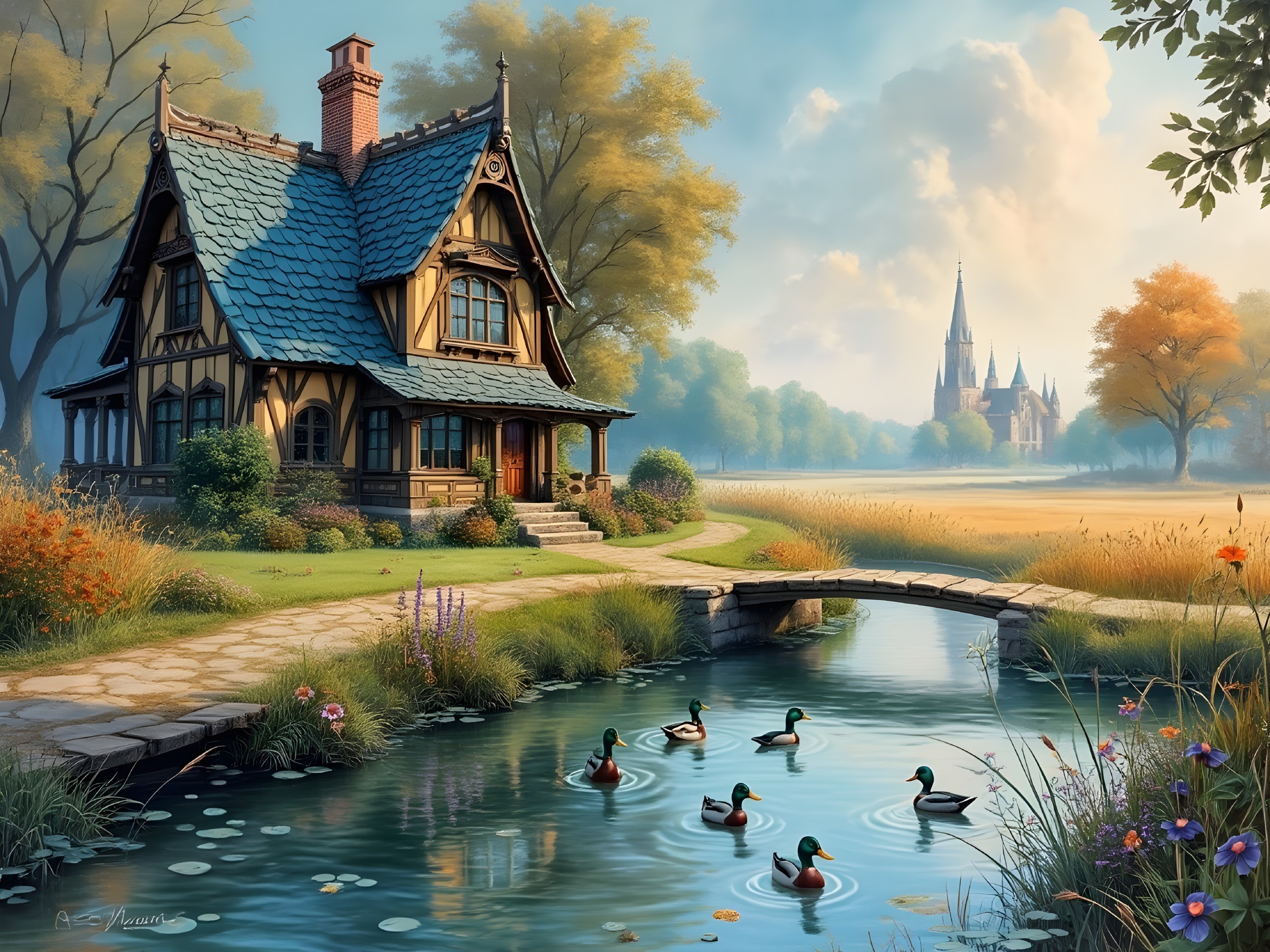 Rustic cottage by serene pond with autumn scenery