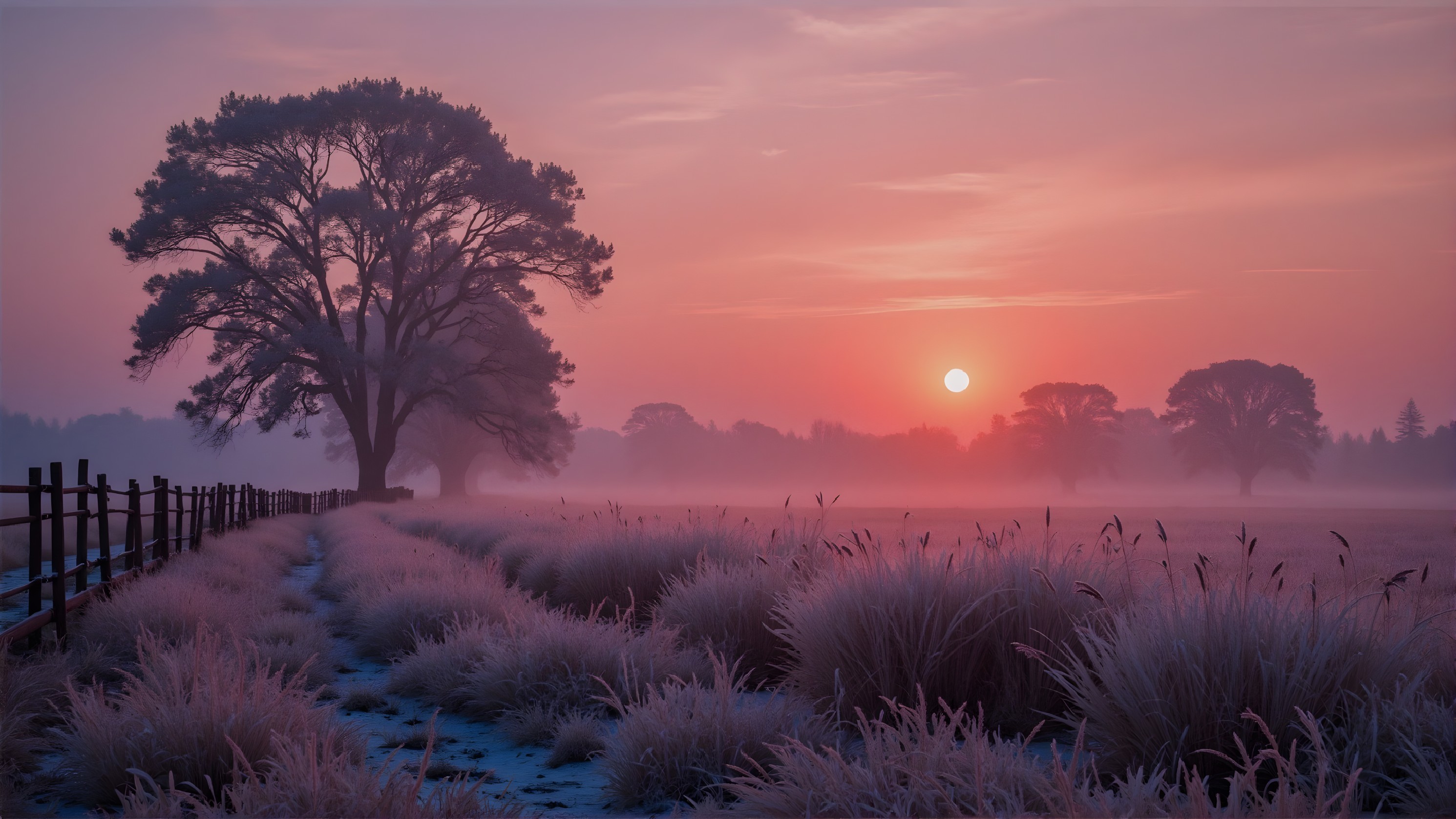 Sunrise over Frosted Grass Field with Wooden Fence