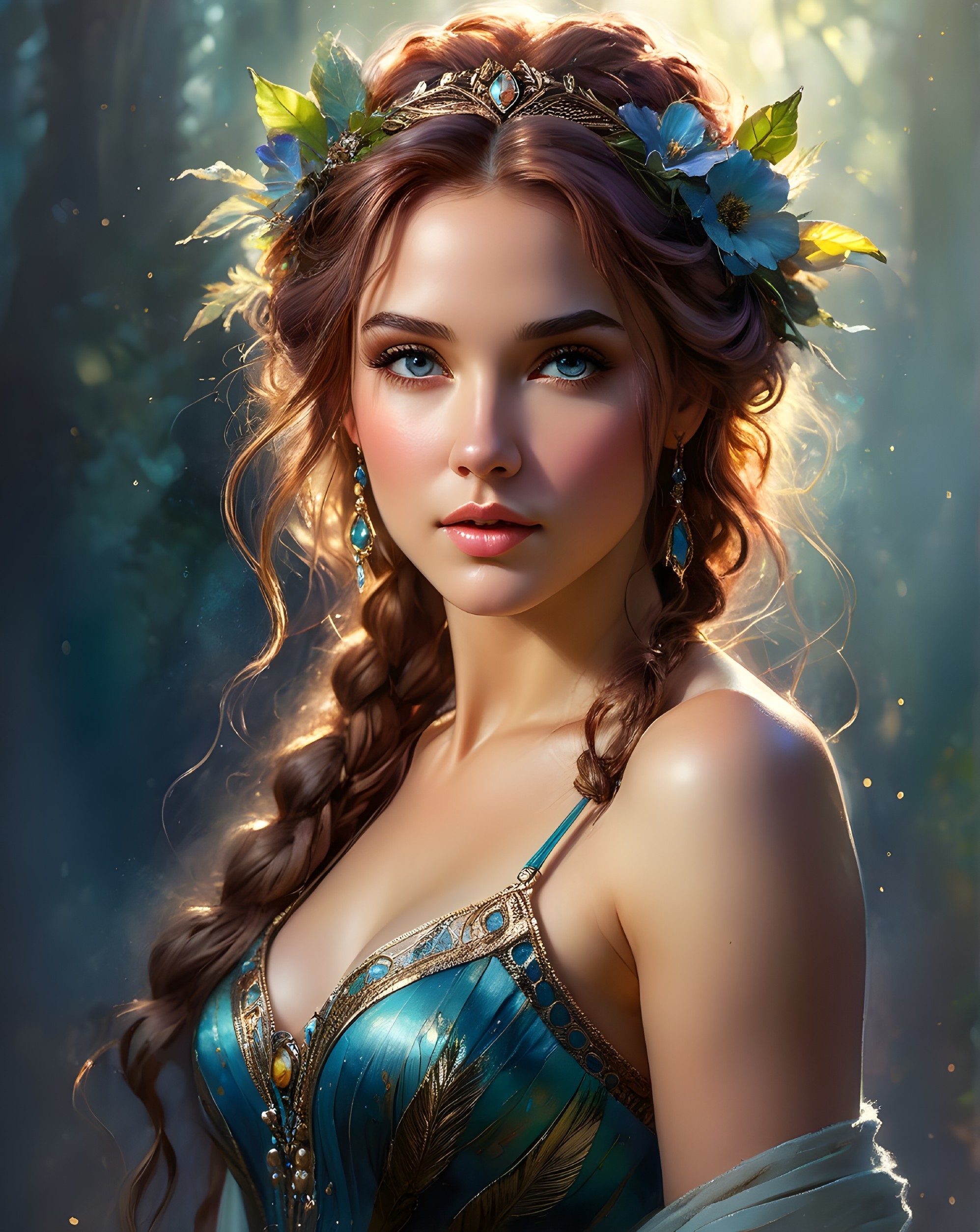 Young woman in blue gown with floral crown in forest