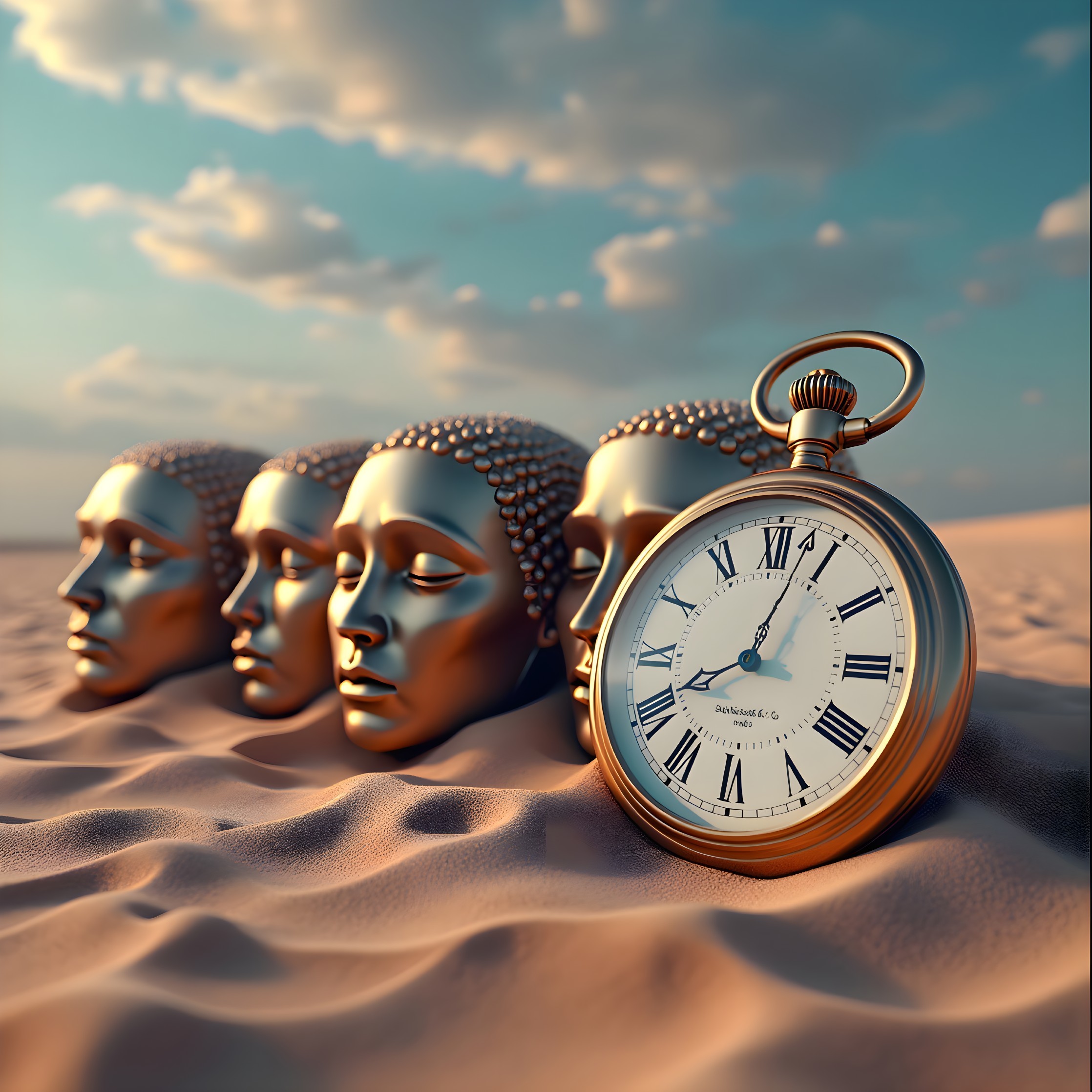 Abstract Golden Heads and Pocket Watch in Desert Scene